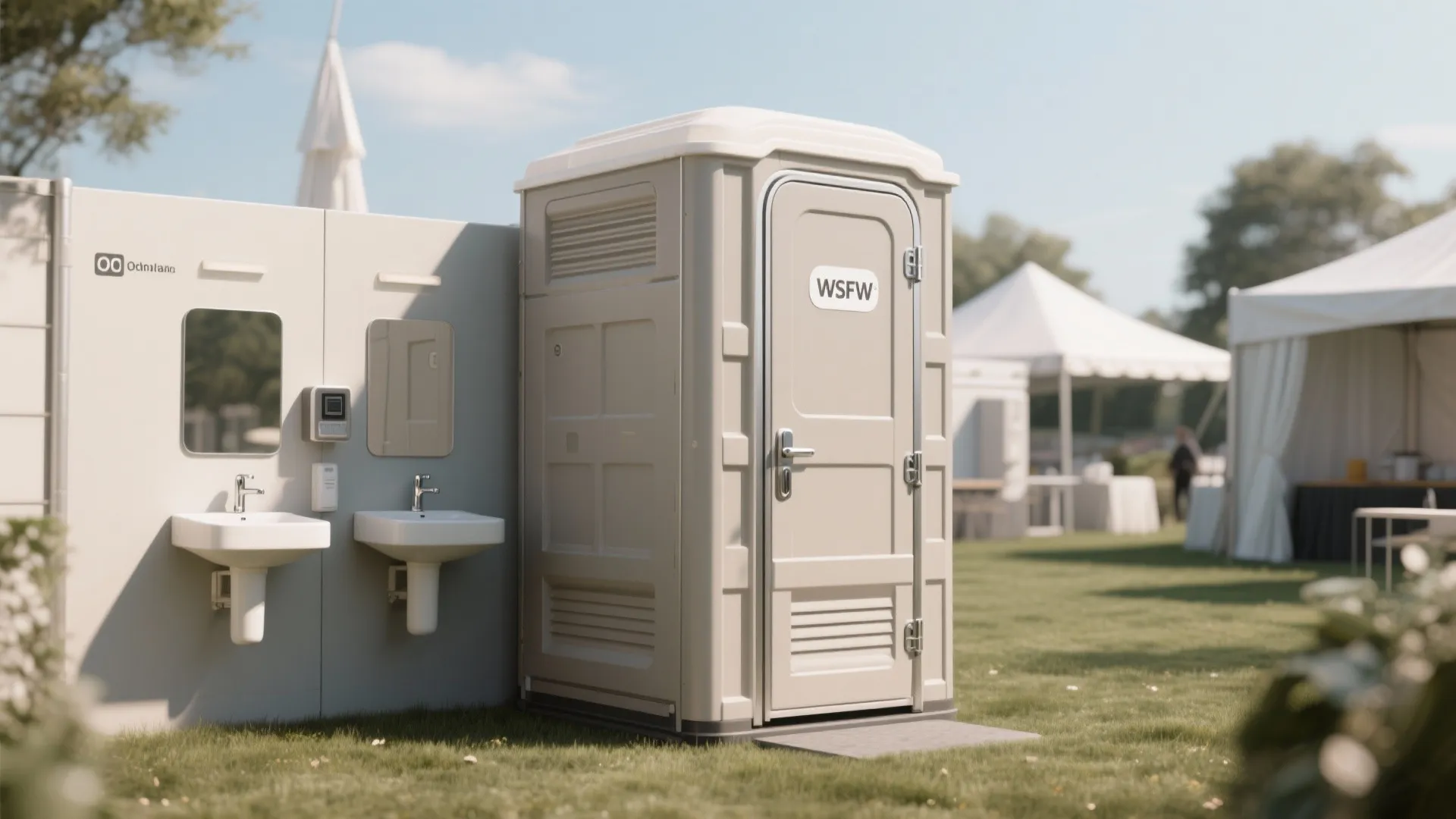 Portable toilet unit standing on grass next to outdoor sinks with mirrors under blue sky