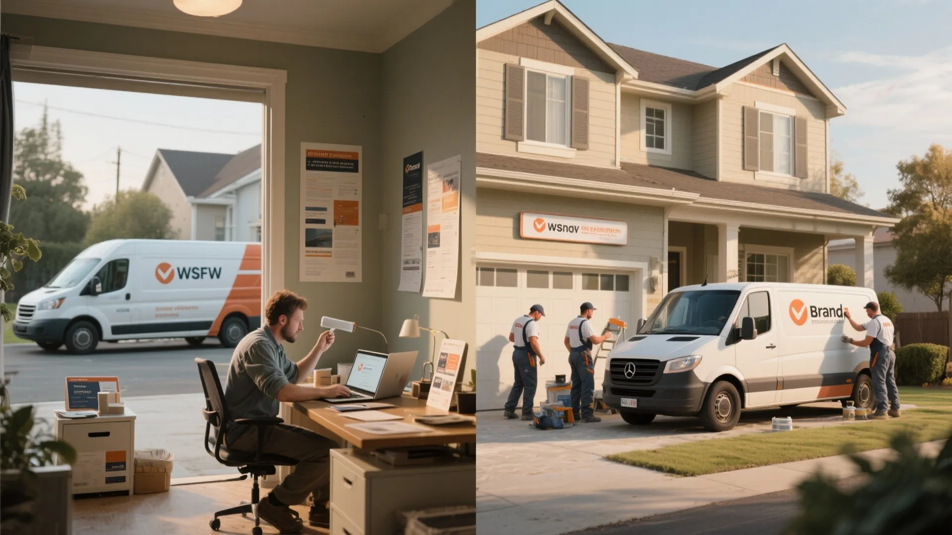 Split view of an independent painter managing marketing and a company crew working on-site, showing tradeoffs of both paths.