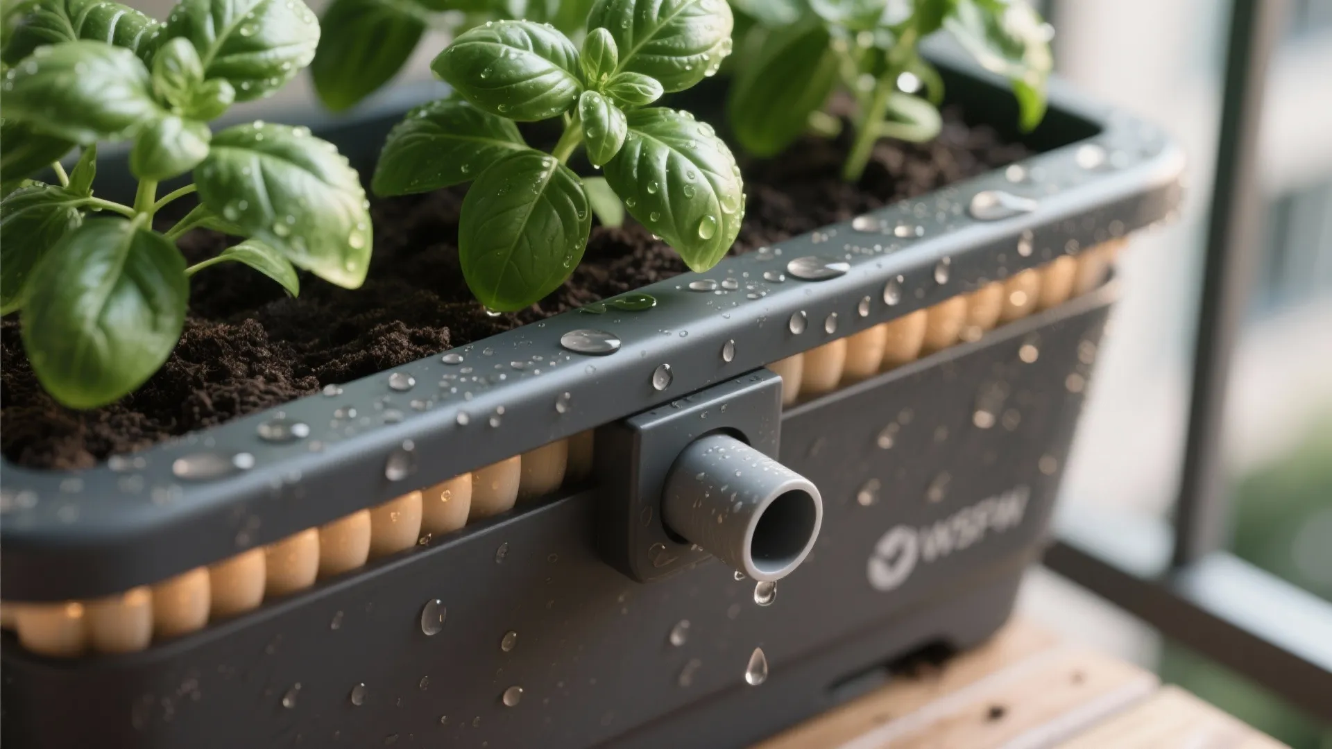 Close up of a self watering planter with green herb plants and water drops on surface