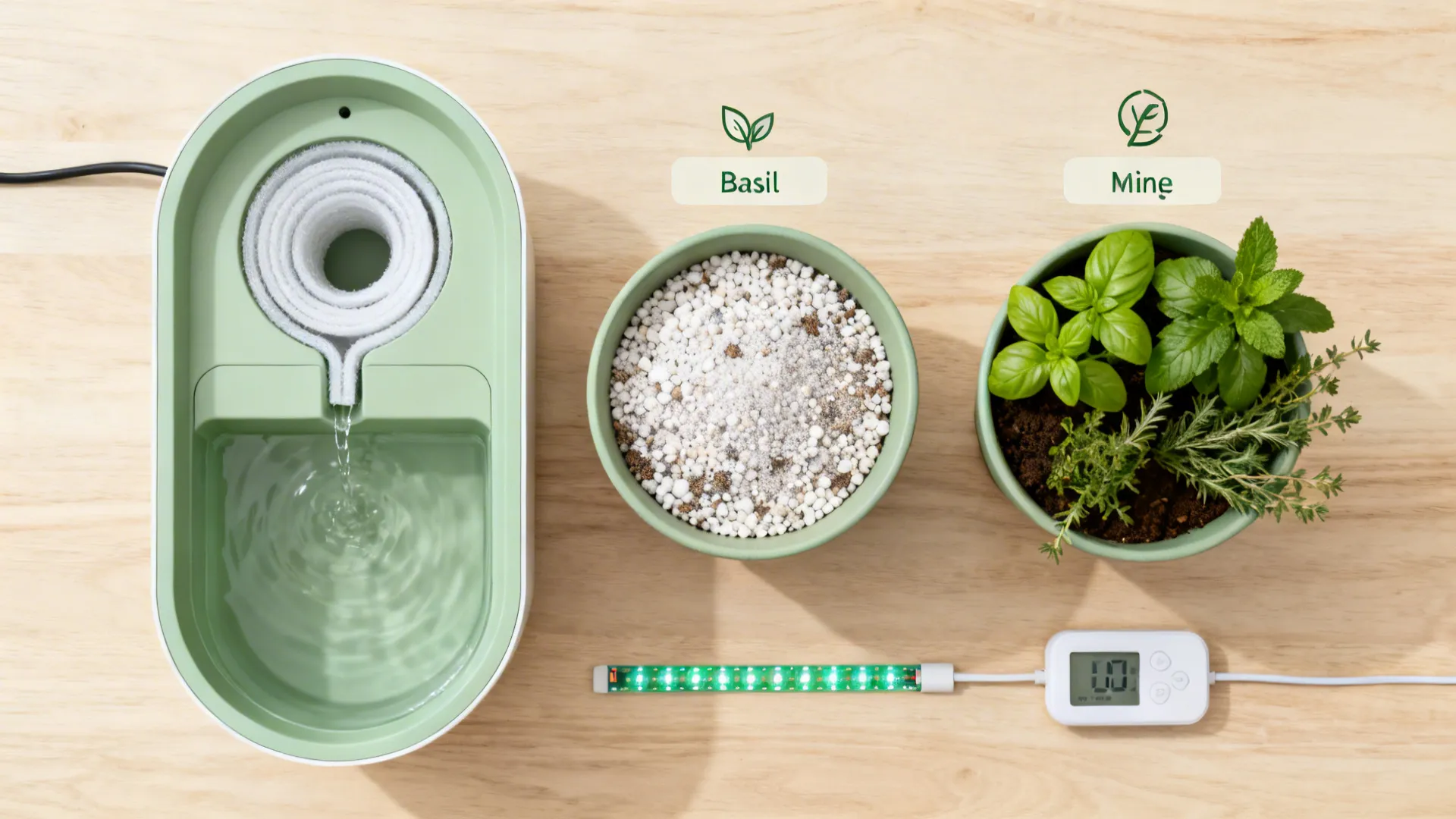 Top-down layout of a self-watering planter with reservoir, wicks, potting mix, and herb labels.