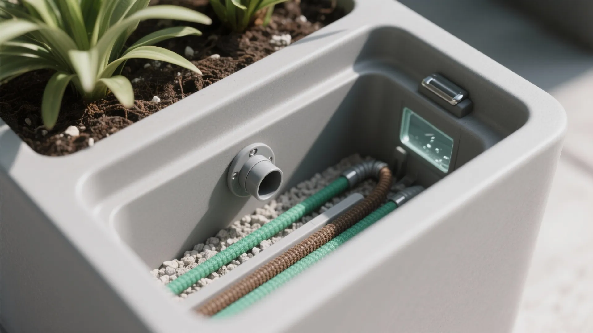 Macro of matte resin planter with sub-irrigated insert, capillary wicks, fill tube, and sight window under soft daylight.