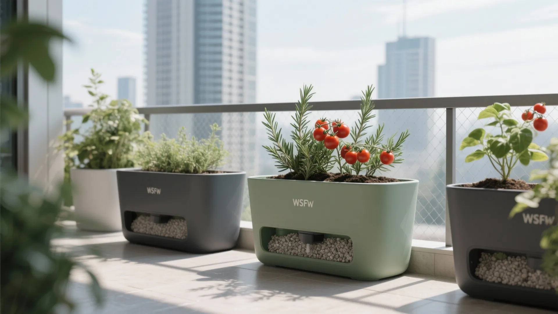 Self-watering resin and fiberglass planters with rosemary and tomatoes on a windy high-rise balcony.
