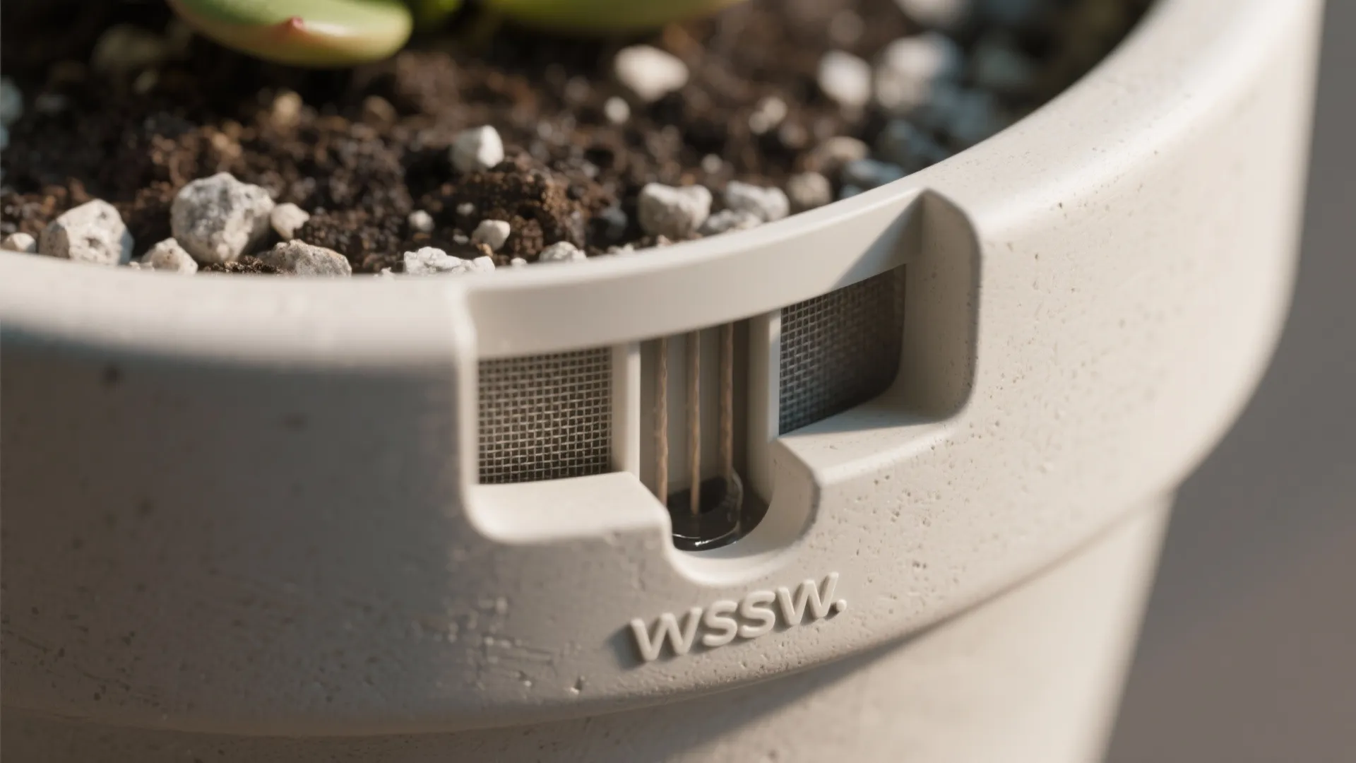 Macro cutaway showing a self-watering pot reservoir, wick, and overflow mesh with matte resin texture.