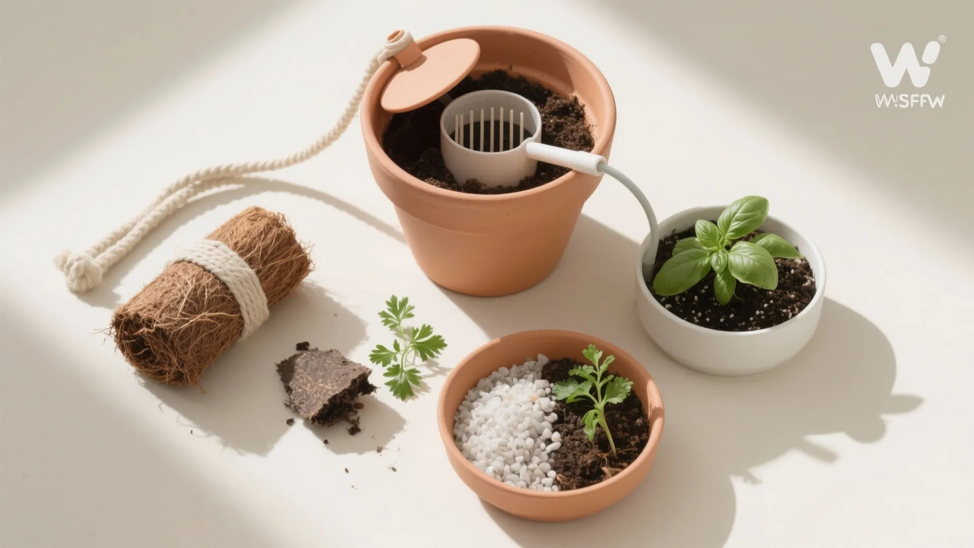 Self watering plant system with clay pots white stones green leaves and small gardening tools set
