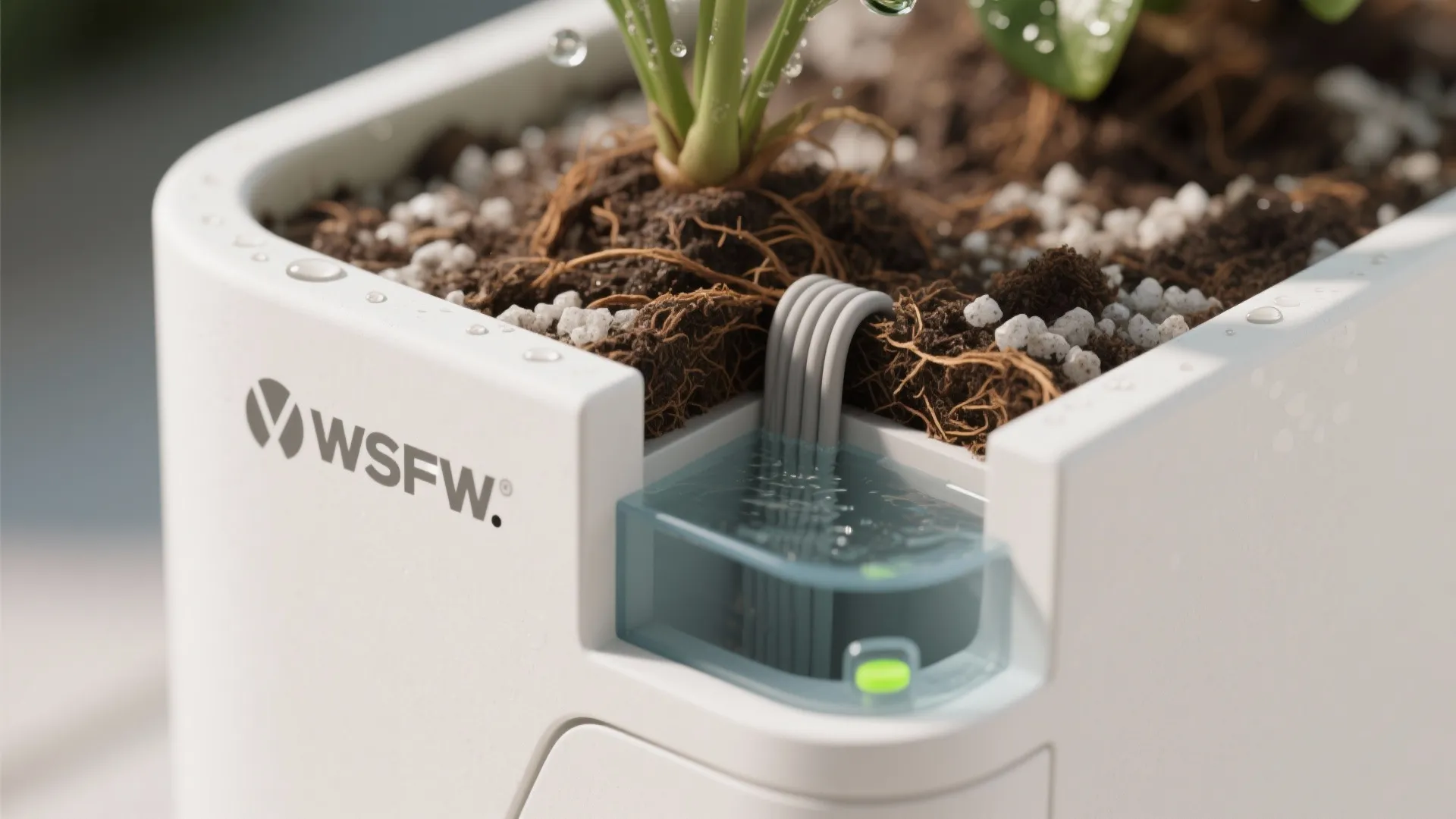 Macro of a self-watering planter showing reservoir, wick, air gap, and fill indicator.