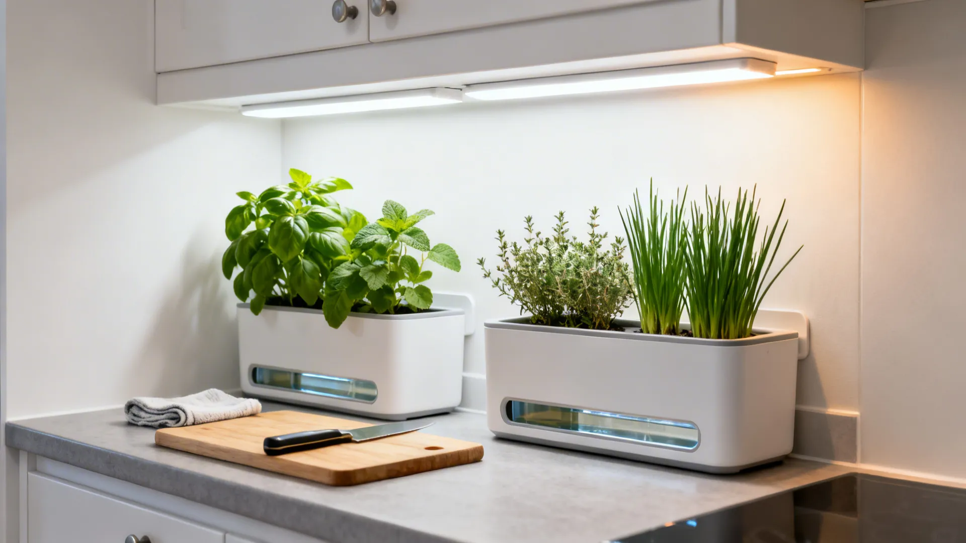 Two sleek self-watering herb planters under under-cabinet lights on a tidy kitchen counter.
