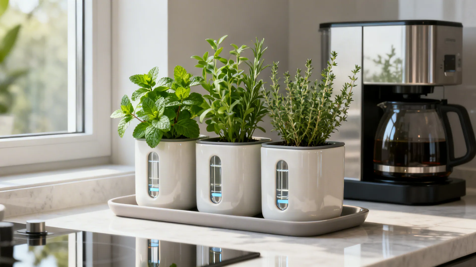 Modern self-watering herb planters with wicks and reservoirs on a kitchen counter.