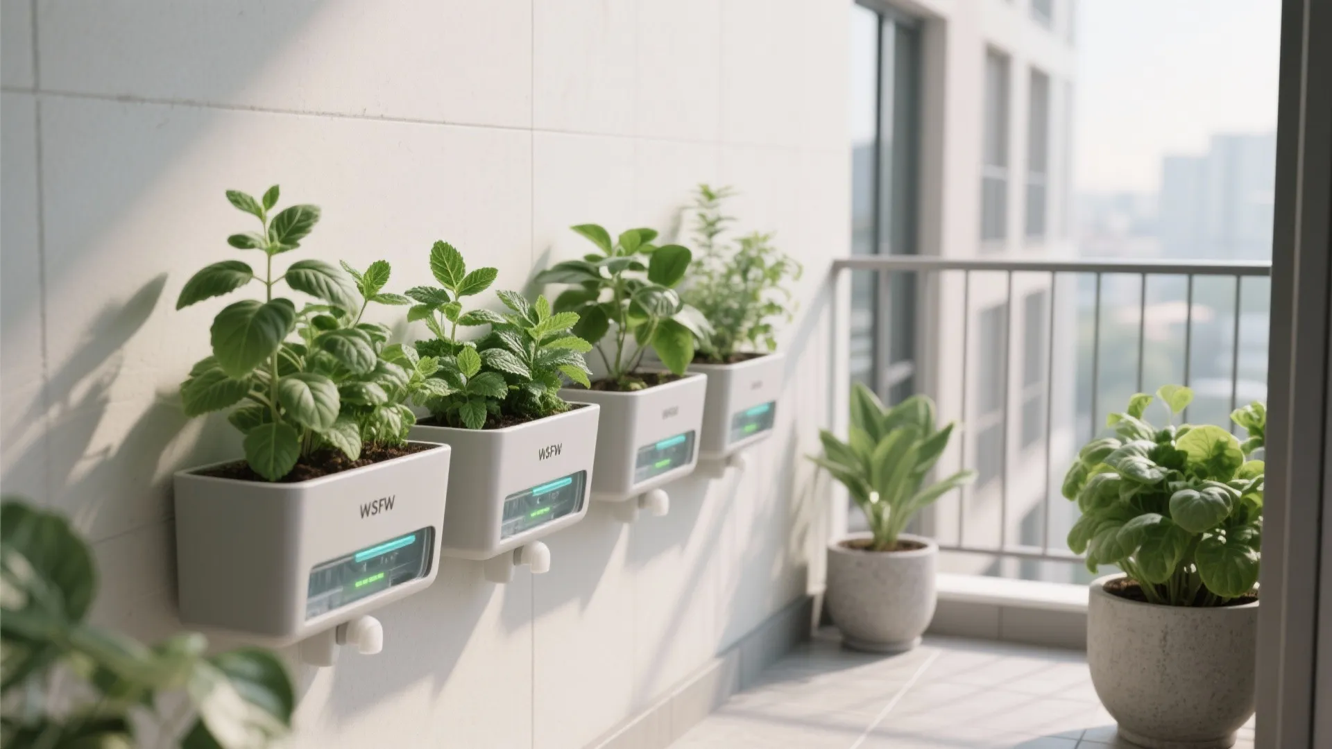 Row of rectangular self-watering planters with basil and leafy greens along a balcony wall.