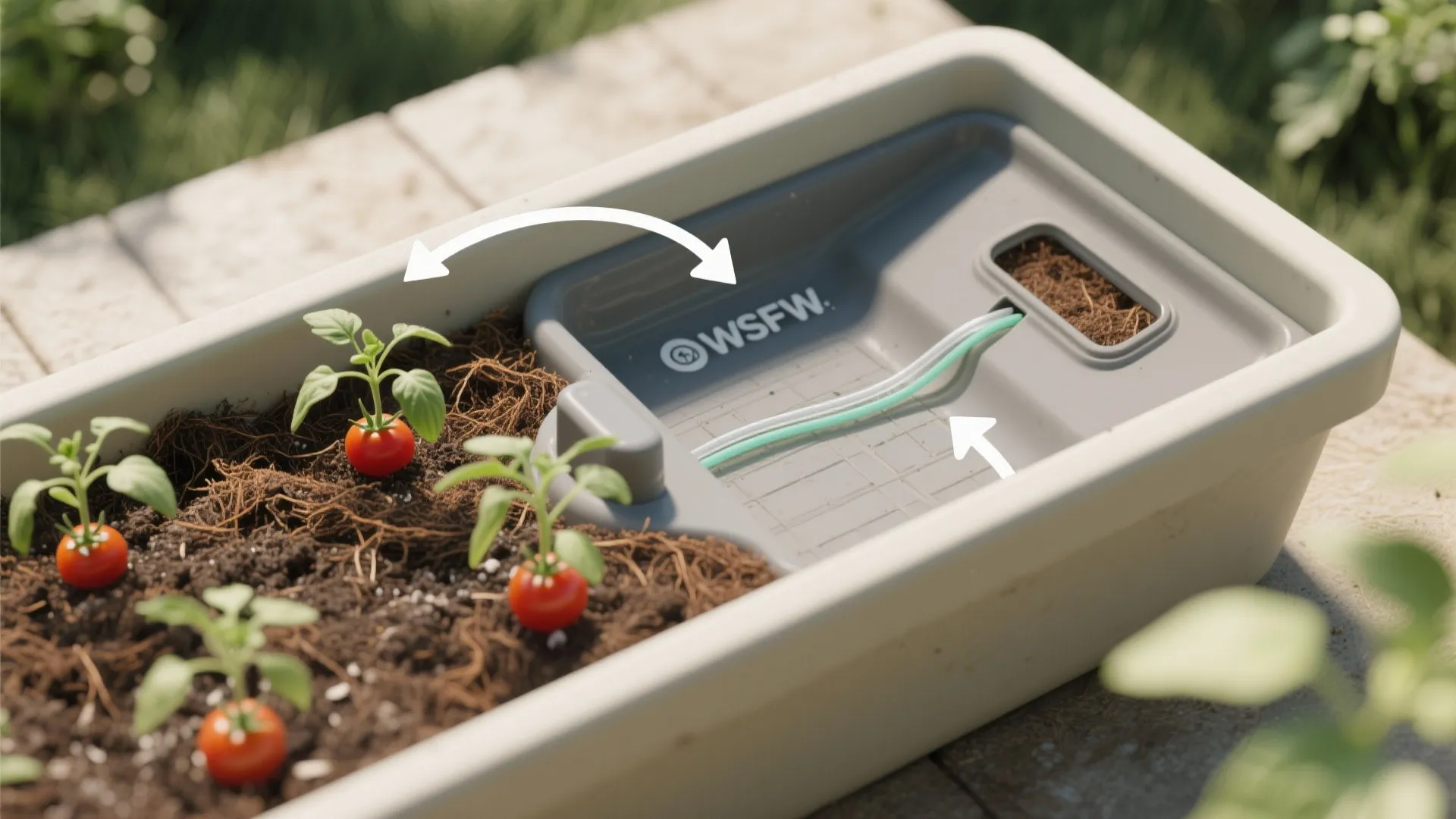 Top-down process showing wicking reservoir planter assembly and mulch.
