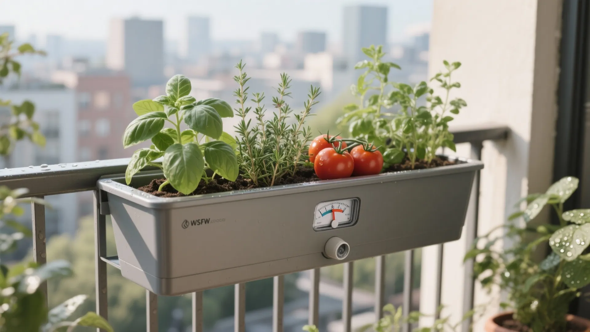Self-watering trough with herbs and tomatoes on a sunny balcony, gauge visible.