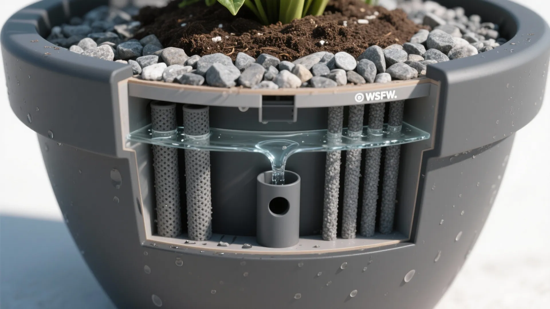 Interior design drawing of a self watering pot showing soil rocks and internal water pipe system