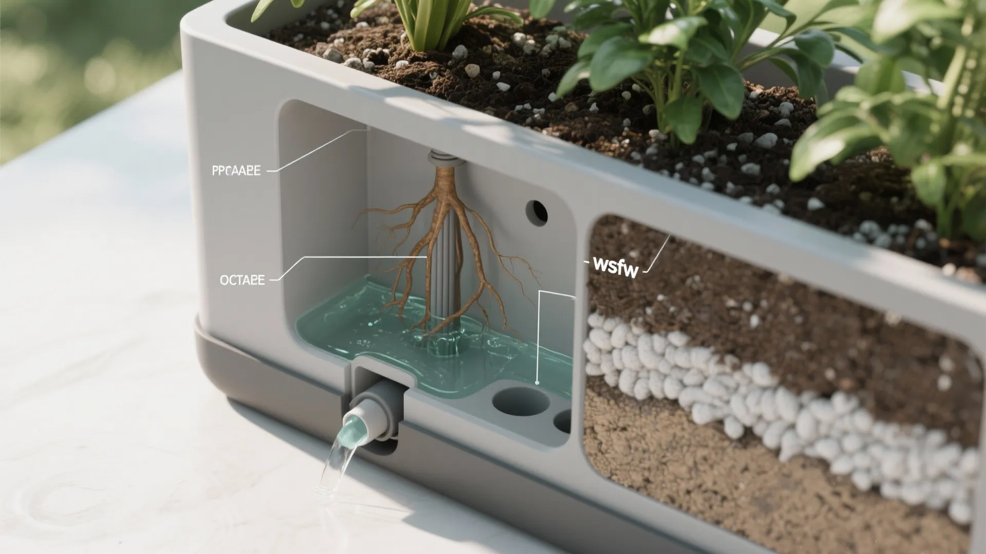 Interior design drawing showing a self watering plant box with roots reaching into water reservoir