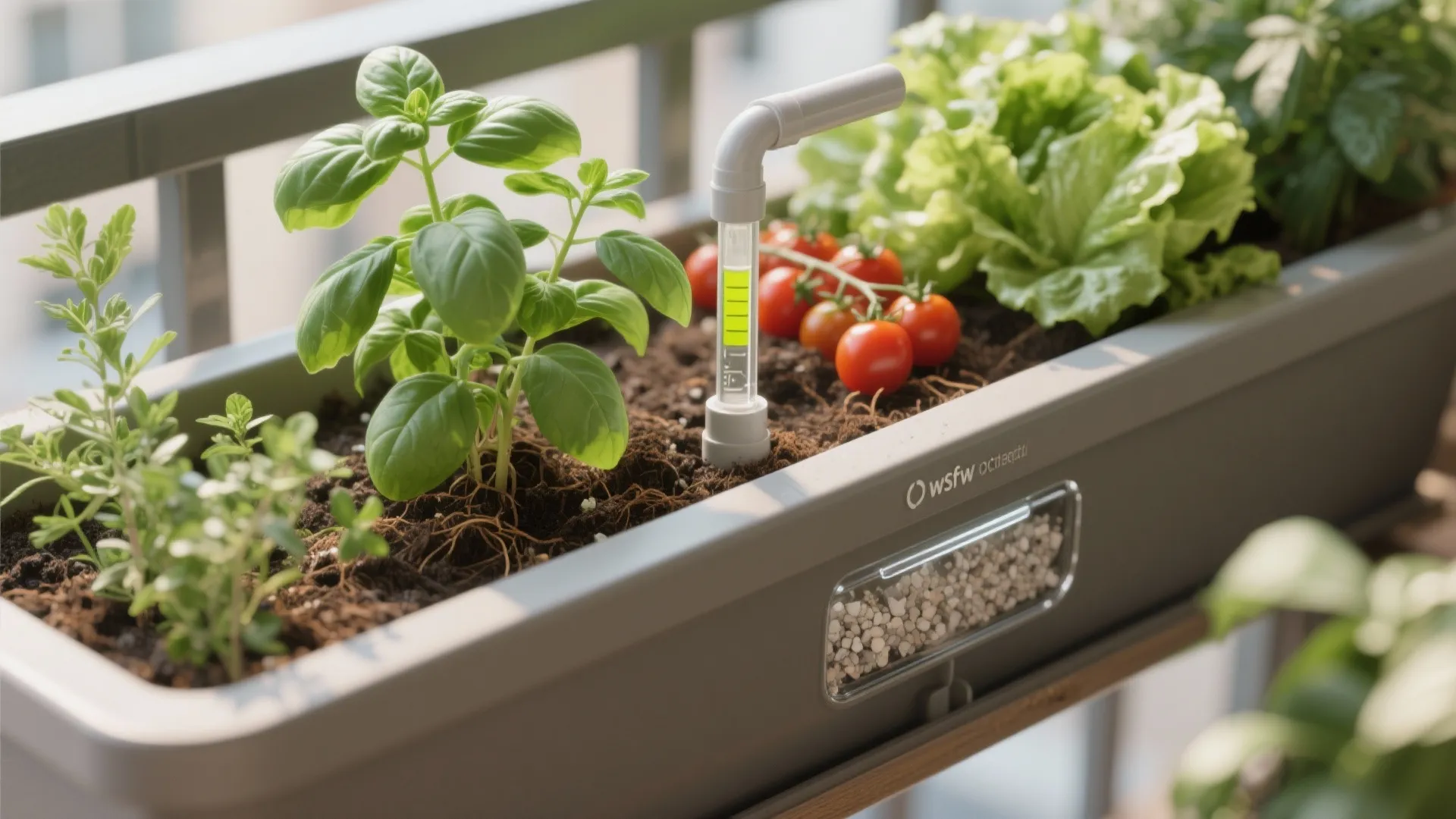 Macro of a self-watering trough with fill tube, level indicator, and lush basil and greens in airy mix.