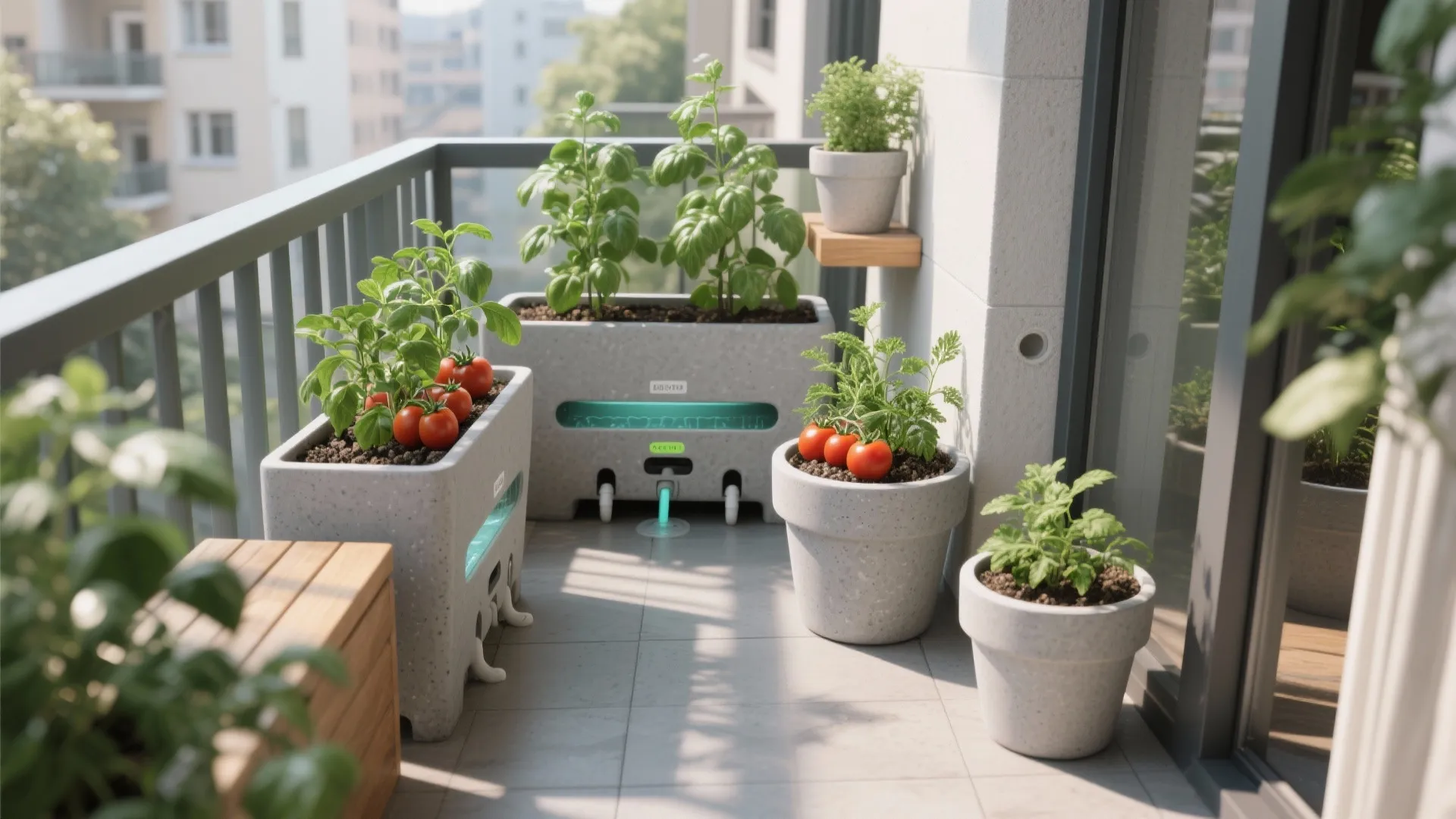 Smart self watering planters with growing tomatoes and green plants on a sunny city balcony