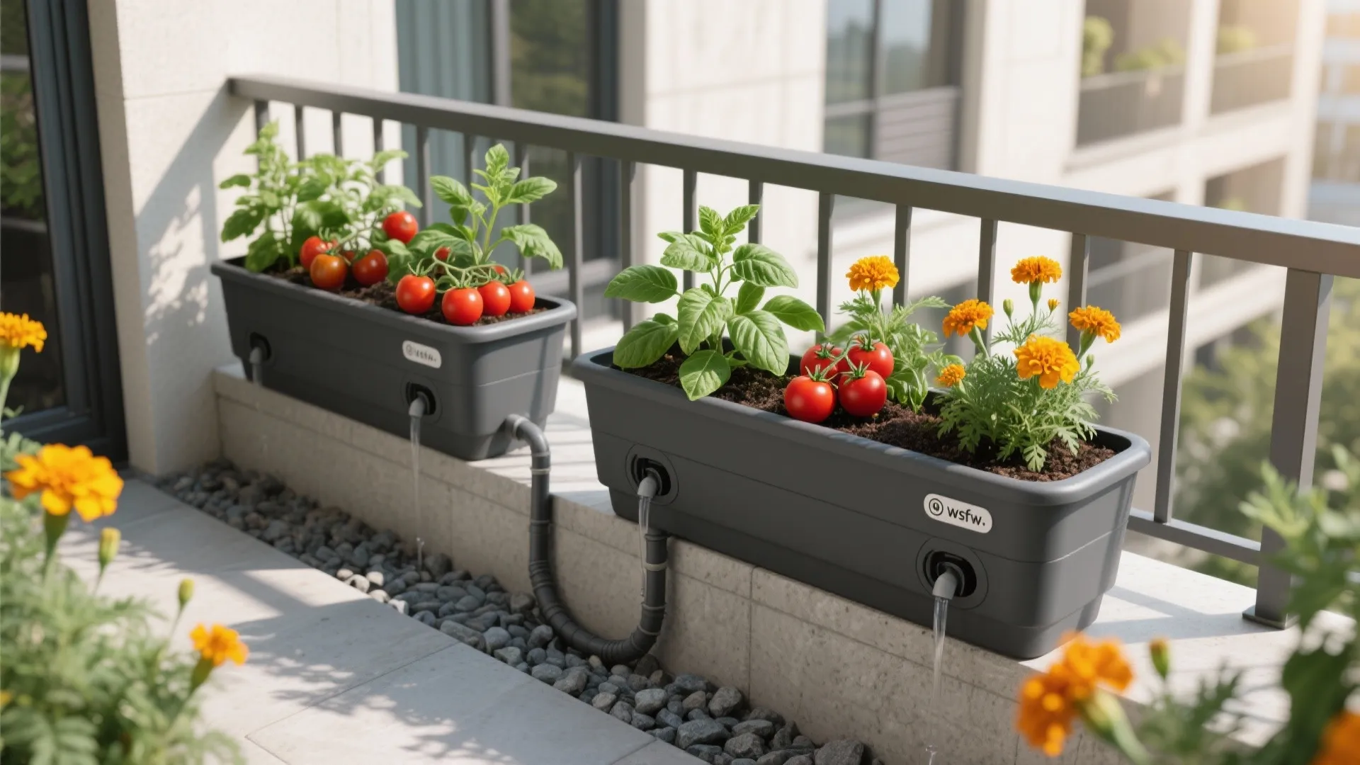 Self watering plant boxes on a balcony edge growing red tomatoes and bright yellow flowers
