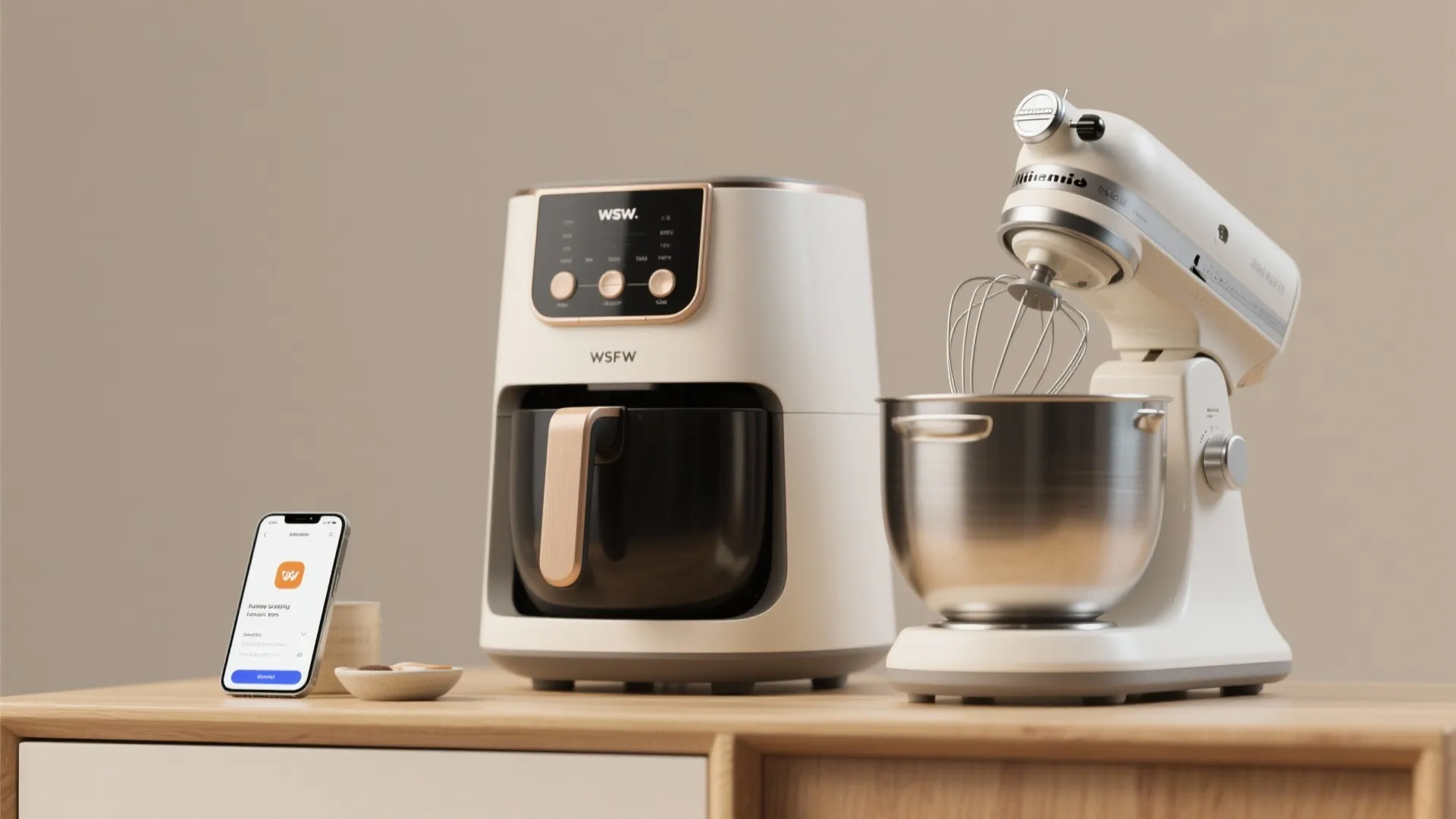 Clean mixer and air fryer staged for an online sale photo with a smartphone nearby.