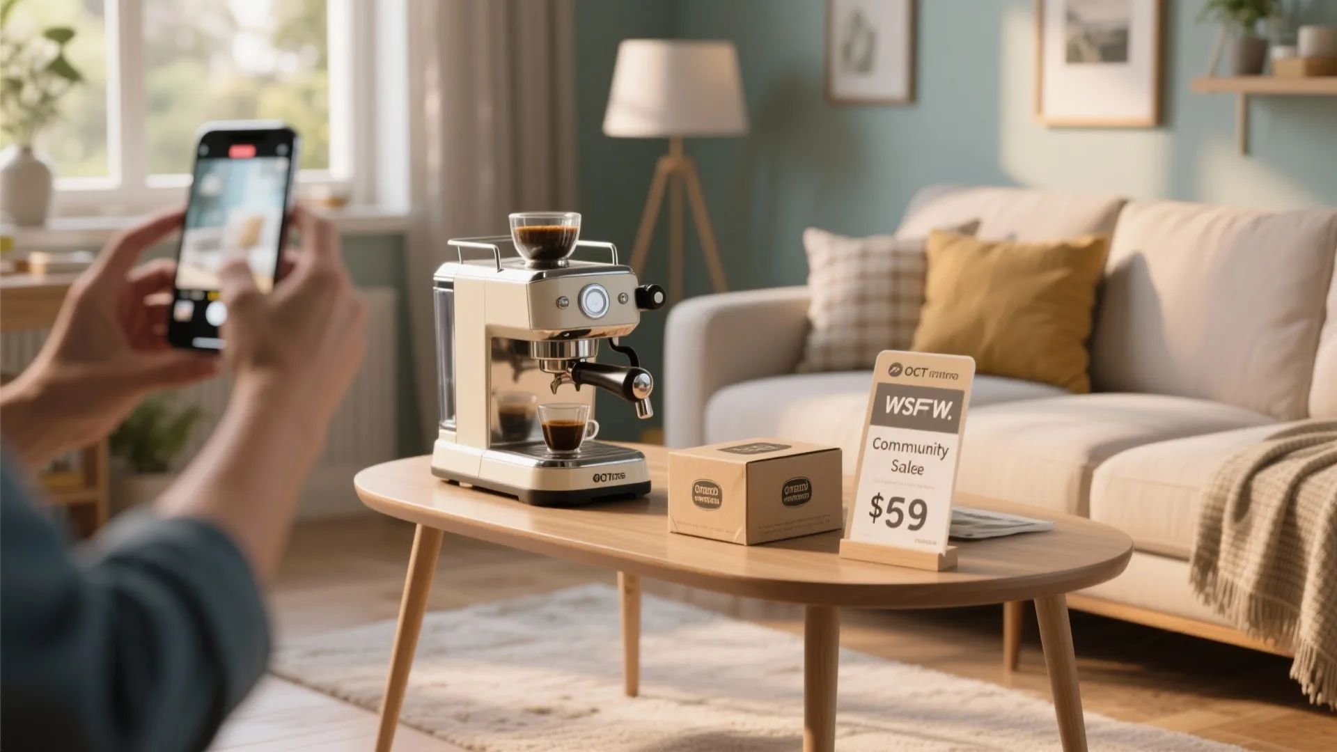 Refurbished espresso machine staged for sale at a community event with photography setup