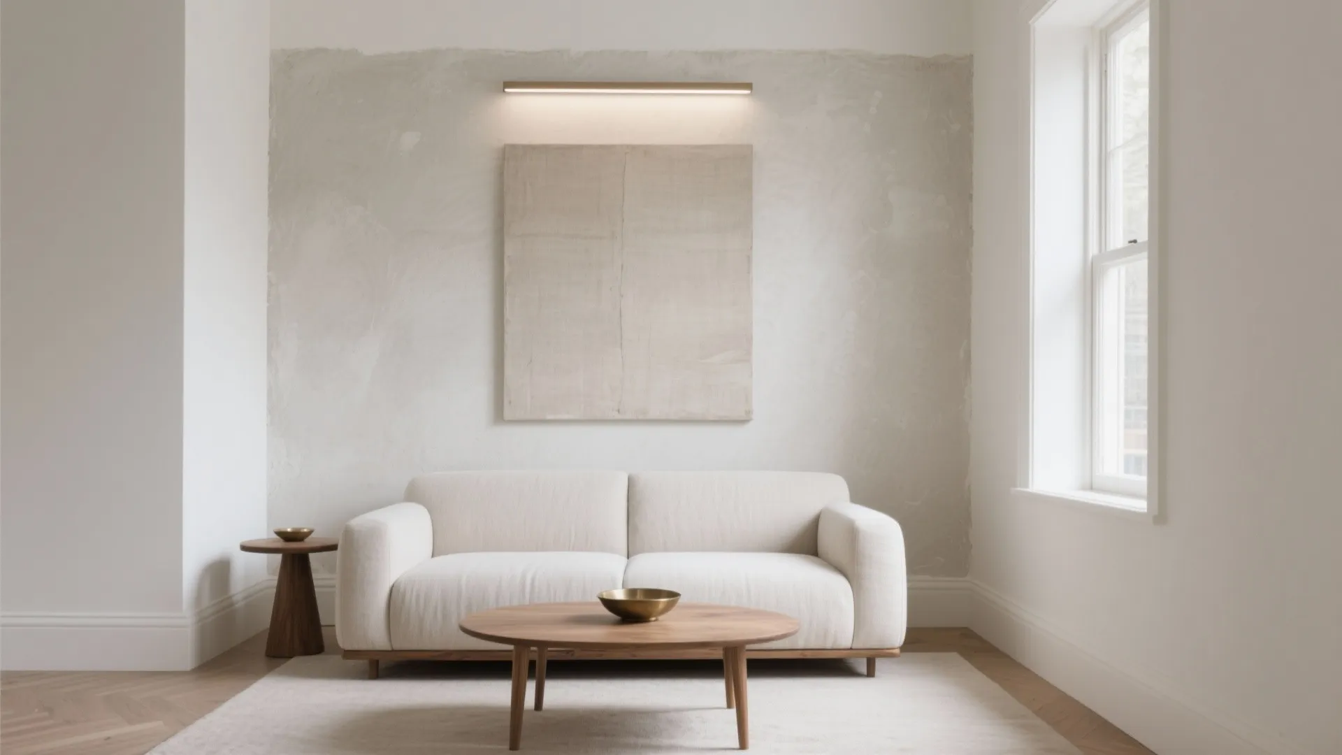 Minimalist living room with white sofa wooden coffee table wall light above art and window
