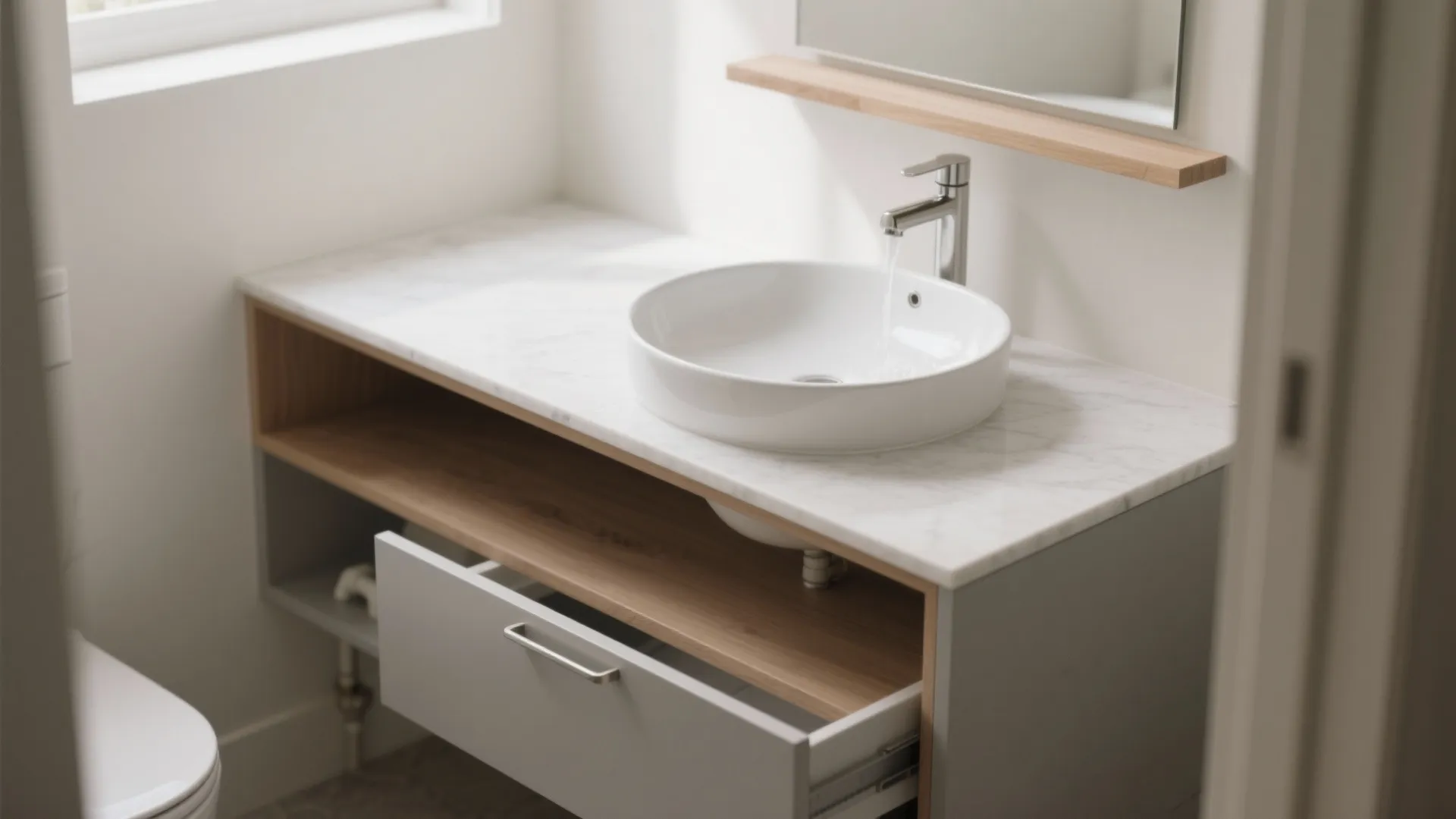 Semi-Recessed Basin On A Slim Vanity Shelf