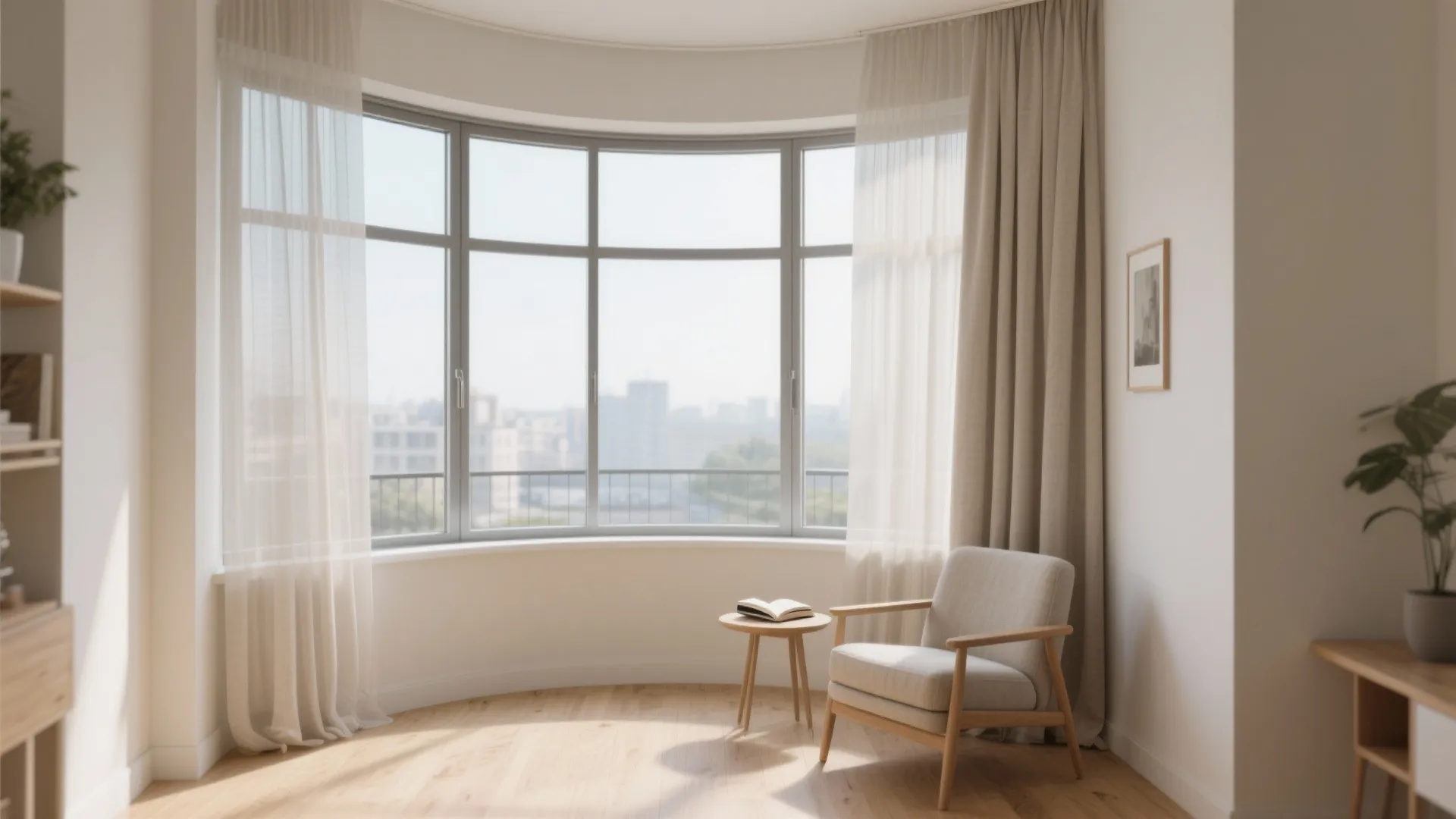 Bright living room with curved windows beige chair small side table and soft long curtains