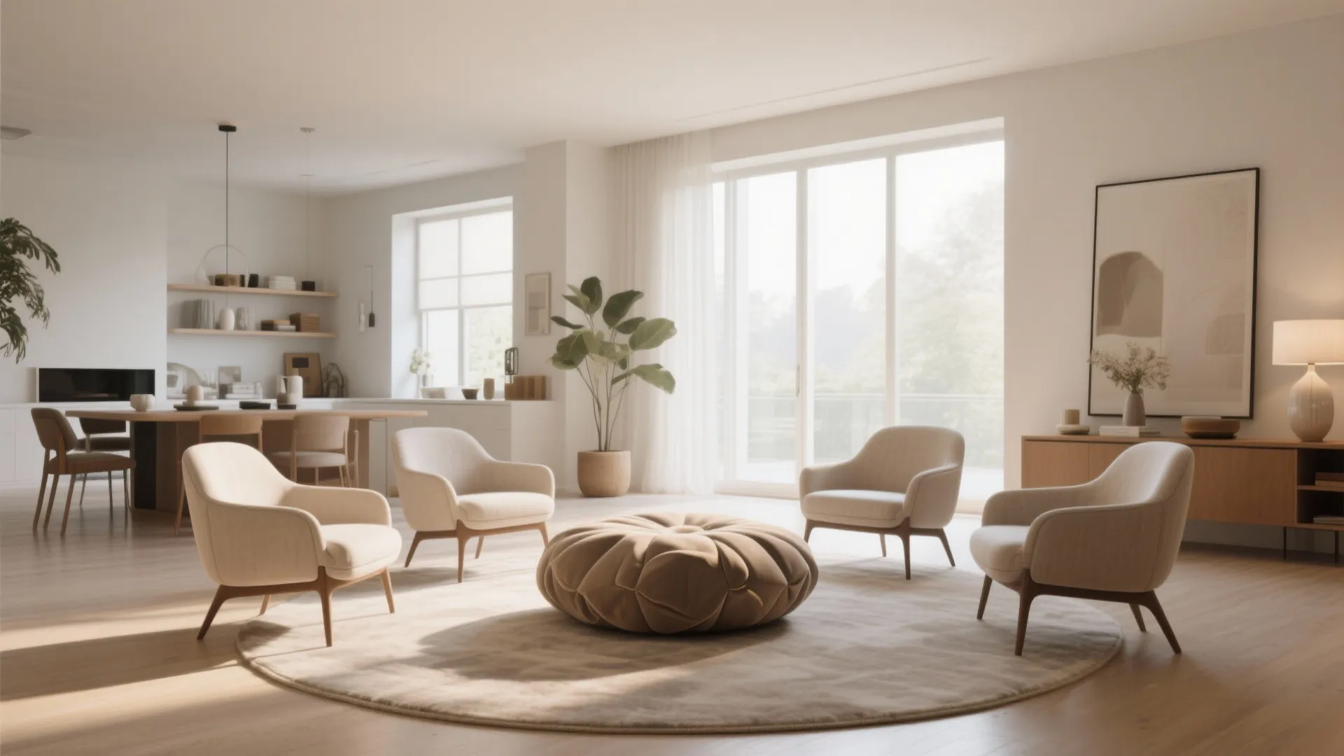 Four chairs in a semi-circle around a sculptural ottoman