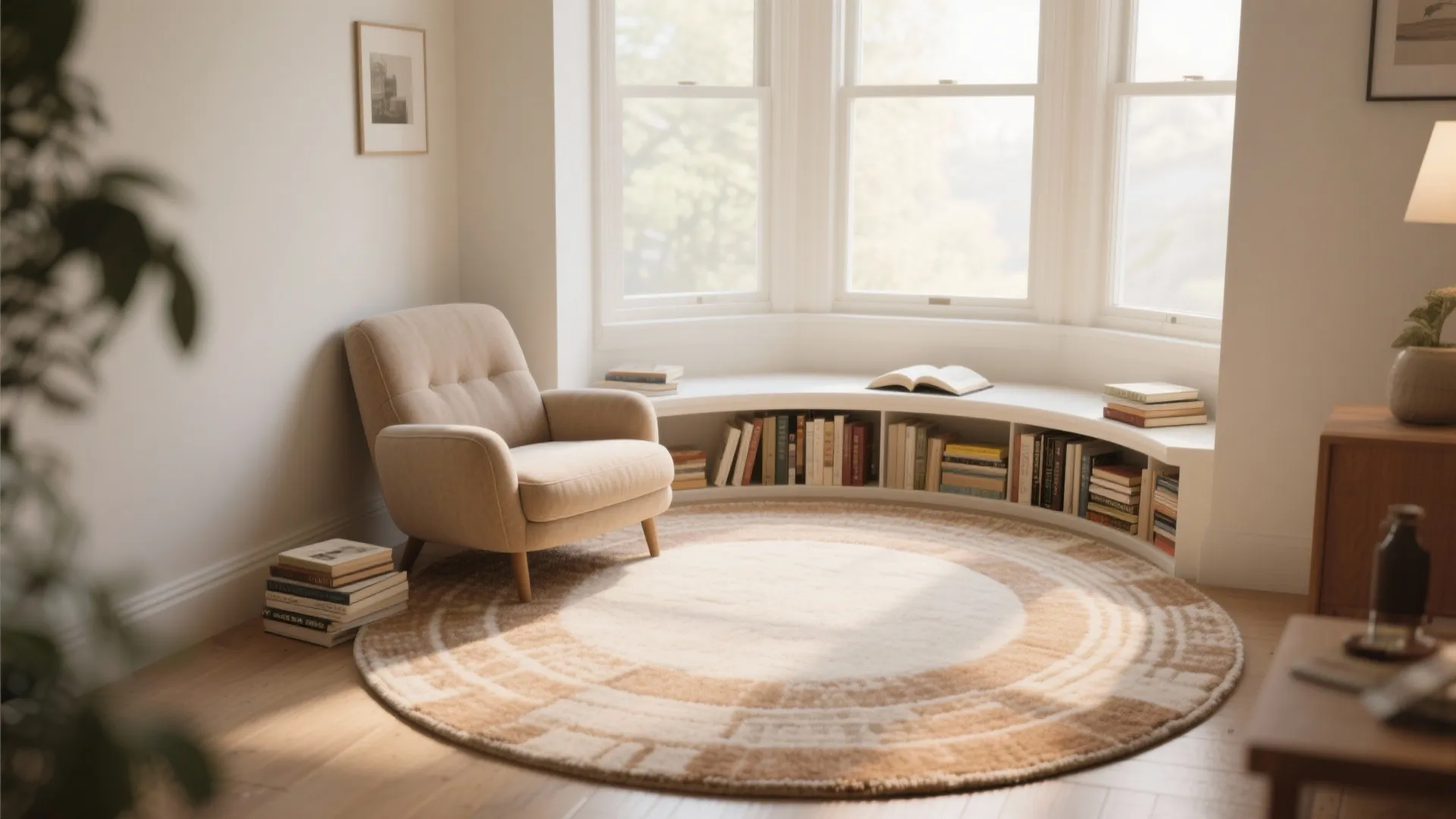Cozy reading corner featuring a round rug beige armchair and curved white bookshelf under big windows