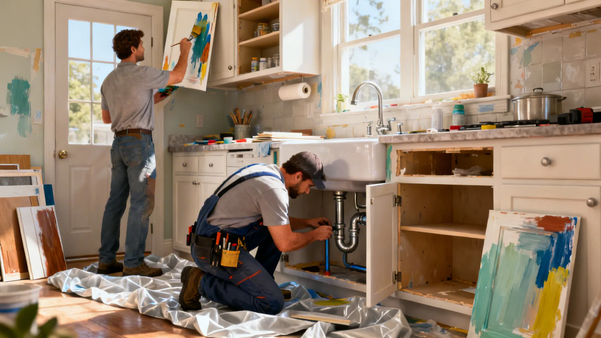 Homeowner painting cabinet doors while a plumber works under the sink during a small kitchen renovation