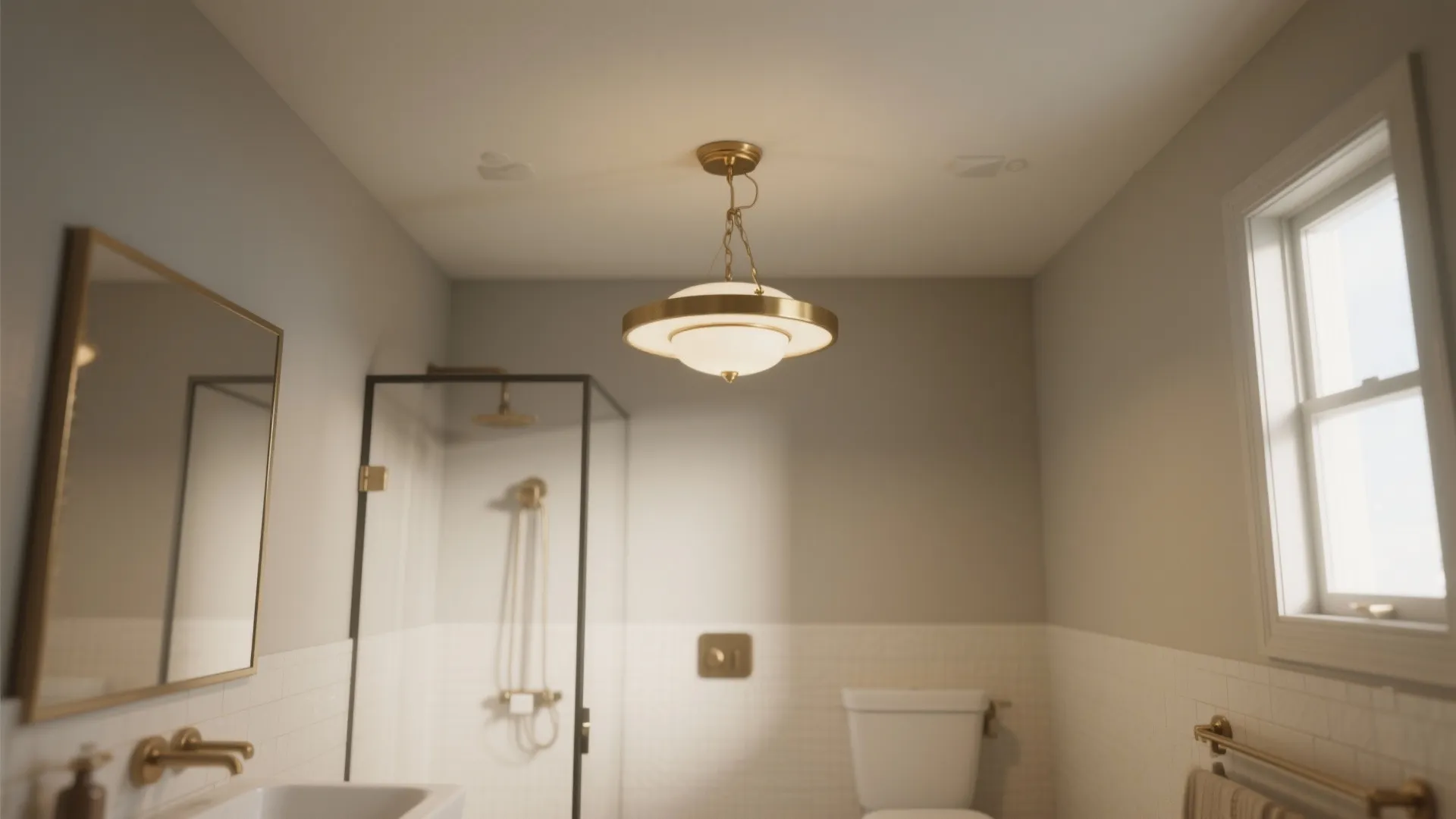 Modern bathroom interior design drawing with gold ceiling light toilet white tiles and glass shower