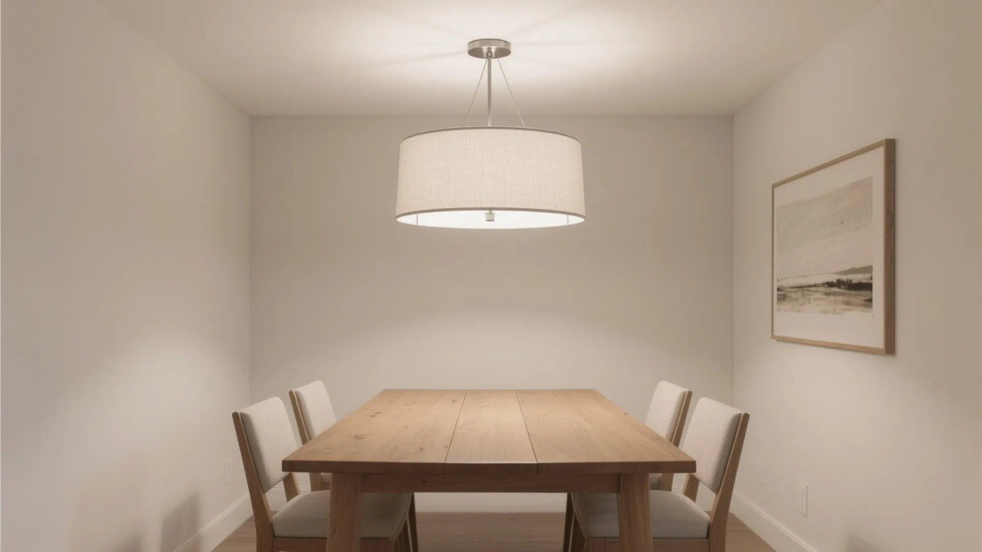 Low-ceiling dining nook with a semi-flush drum fixture casting soft uplight over a rectangular table