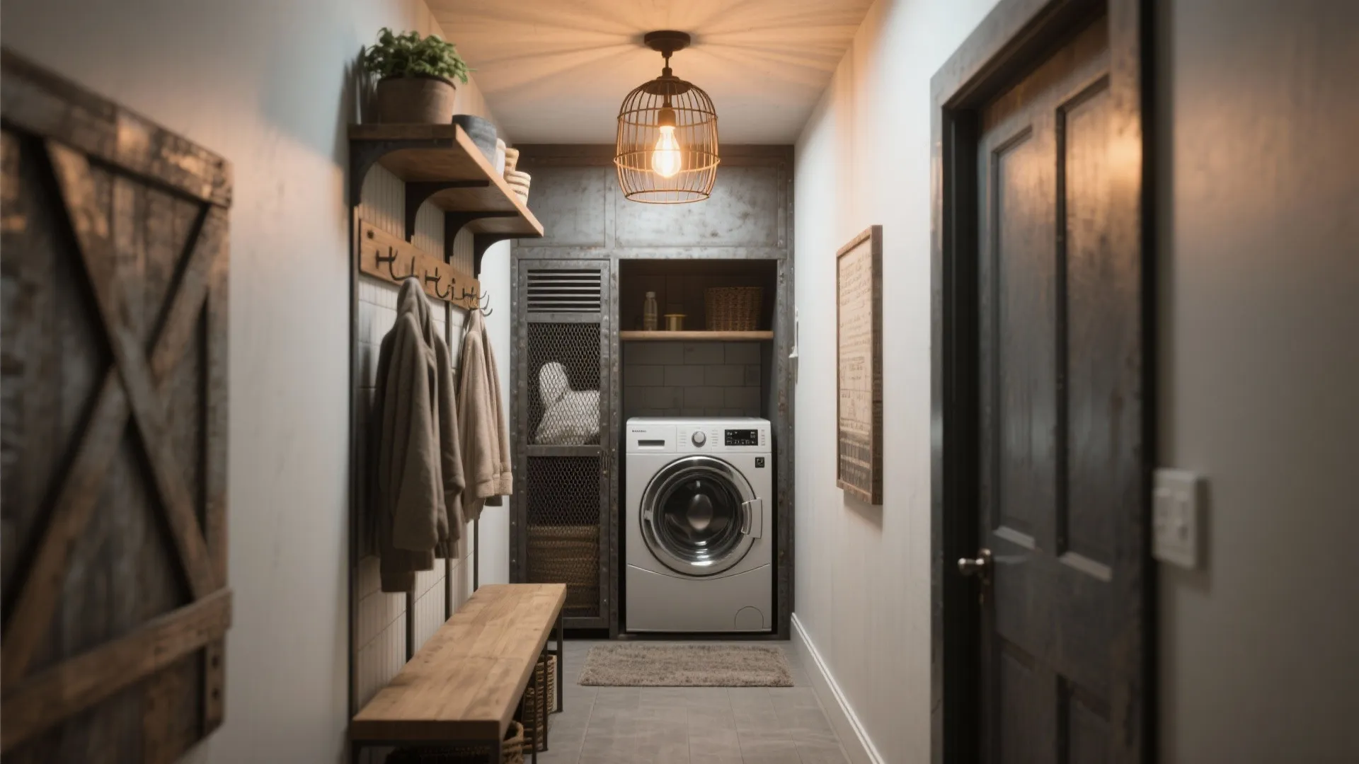 Industrial laundry area in hallway with cage ceiling light wooden bench and white front washer