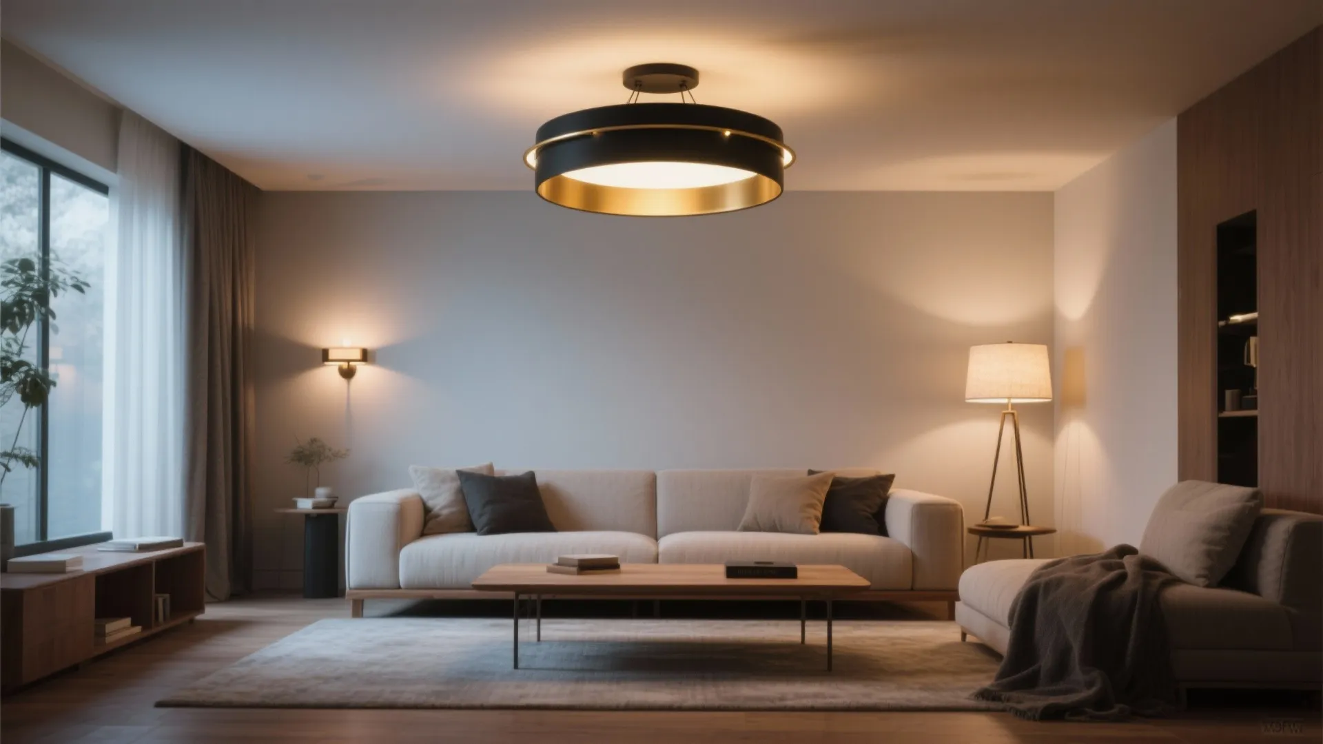 Modern living room with black and gold circular ceiling light white sofa and floor lamp
