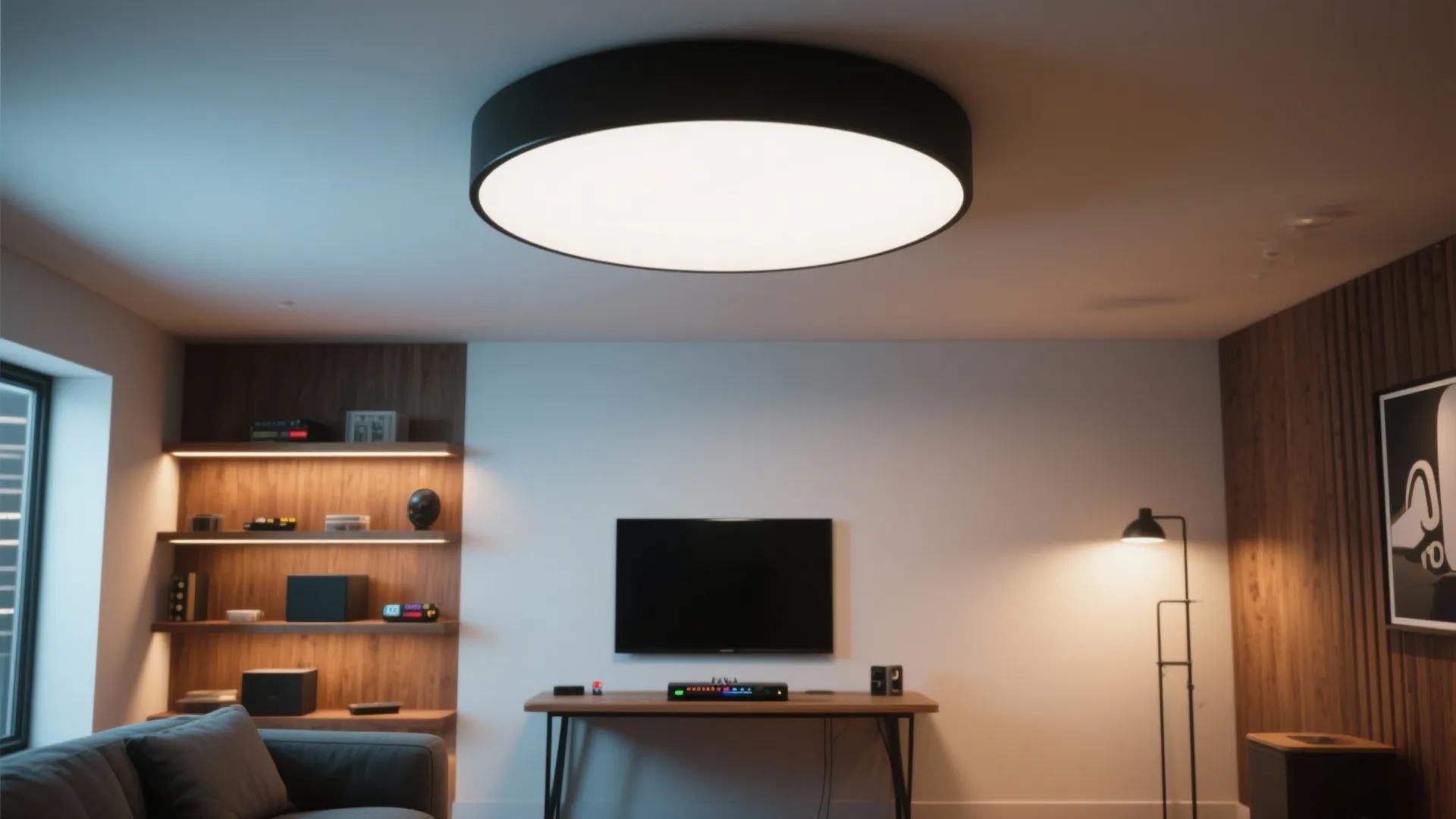 Minimalist living room with round black ceiling light wall shelves television and floor lamp setup