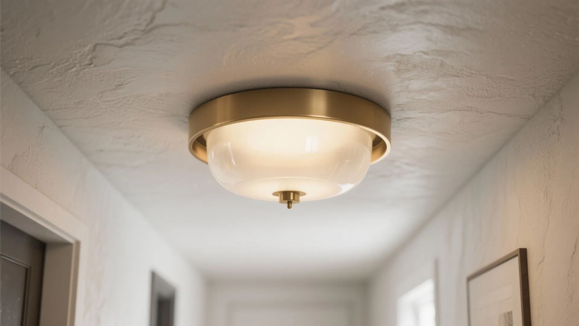 Close up of a round gold ceiling light fixture installed on a white textured ceiling