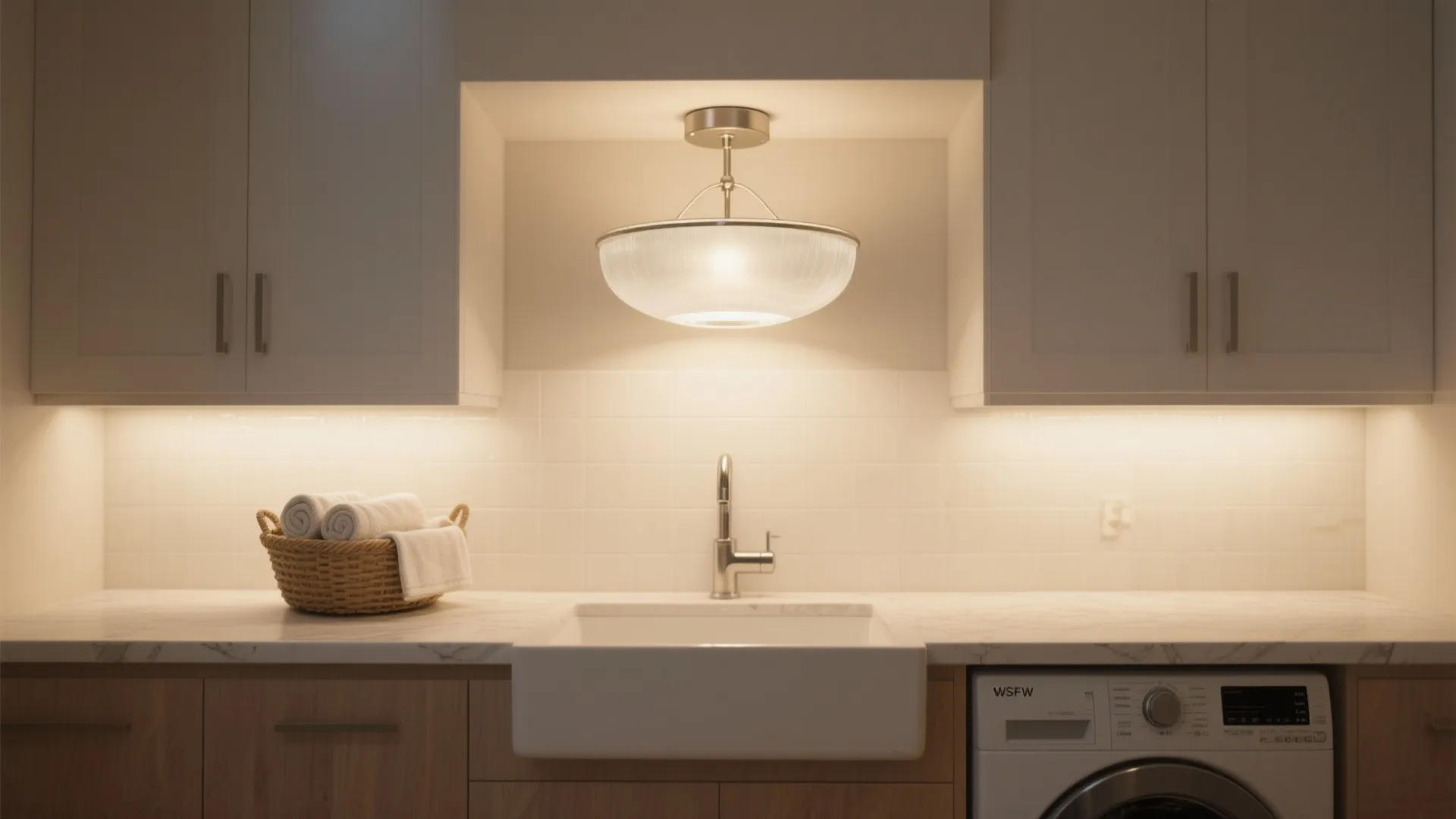 Laundry room with white sink and ceiling light fixture over wood cabinets and a washing machine