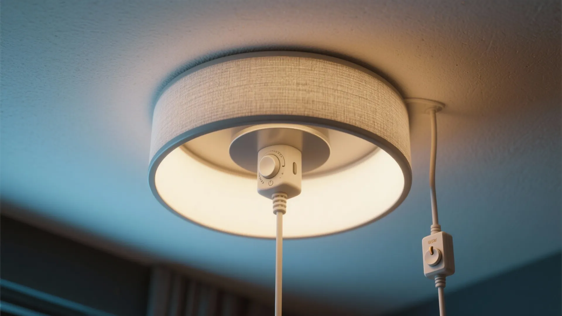 Close-up of a ceiling light with a fabric shade and a white manual dimmer switch