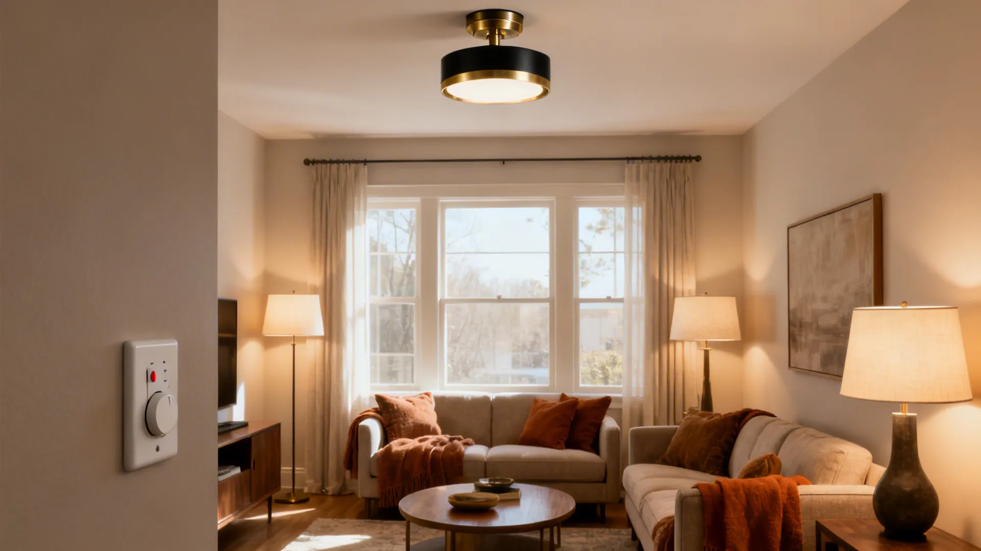 Compact living room with a semi-flush ceiling fixture and dimmer creating versatile lighting scenes.