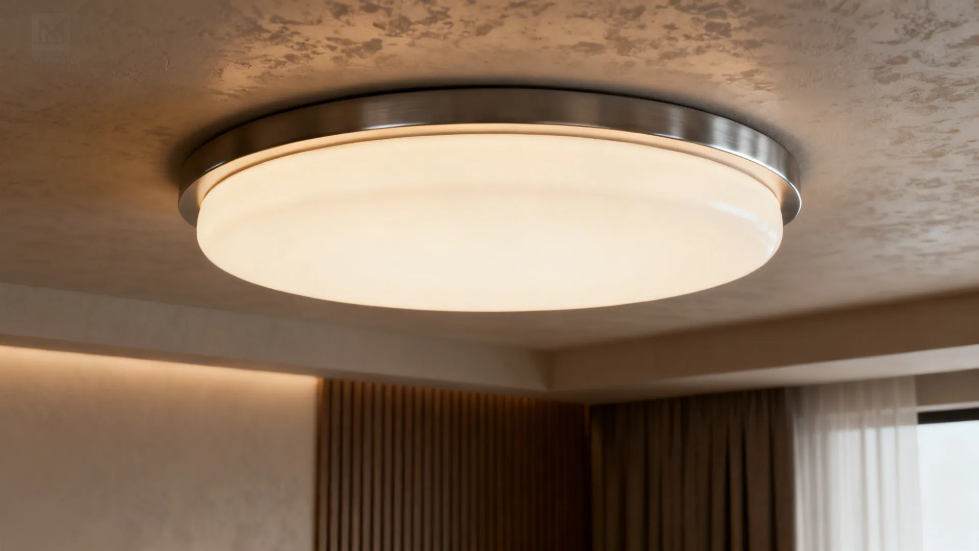 Low-profile matte metal semi-flush ceiling fixture with an opal diffuser in a compact living room.