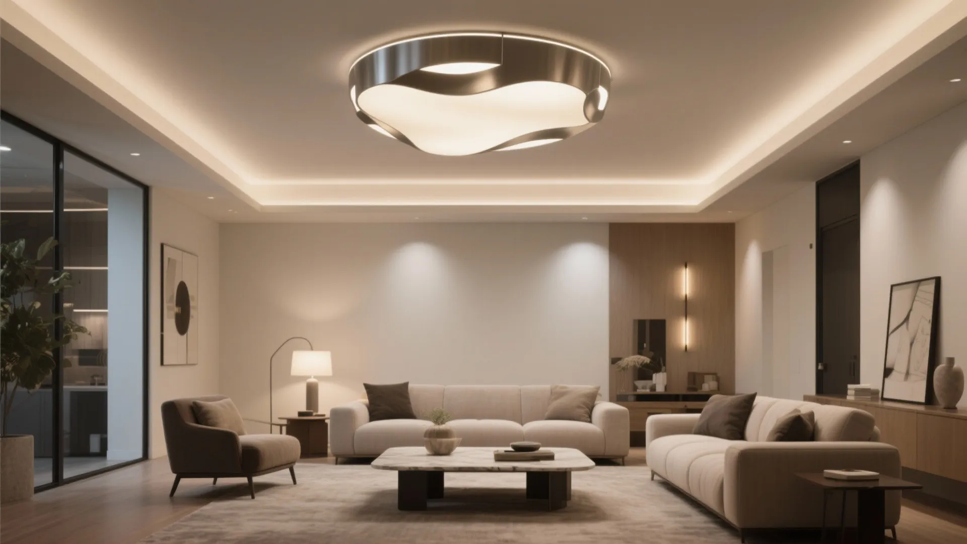 Modern interior design drawing showing a large circular ceiling light in a minimalist living room