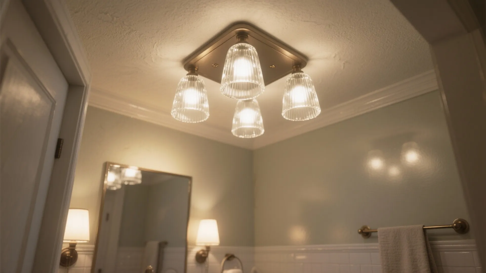 Close up of a glass ceiling light fixture in a bathroom with light green walls