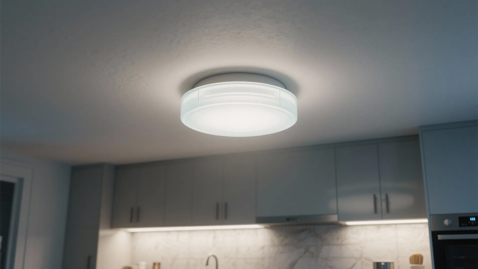 Modern kitchen with white ceiling light fixture over grey cabinets and white marble backsplash wall
