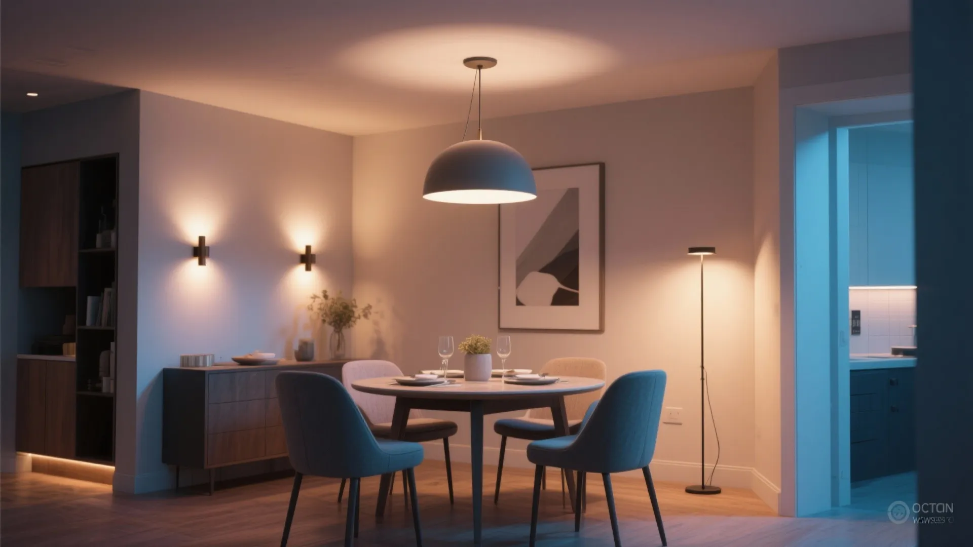 Modern dining room with round table and blue chairs lit by a large grey ceiling light