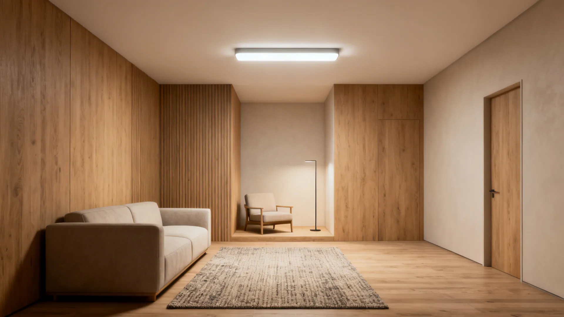 Compact living room with a slim semi-flush LED ceiling fixture providing bright, low-profile illumination.