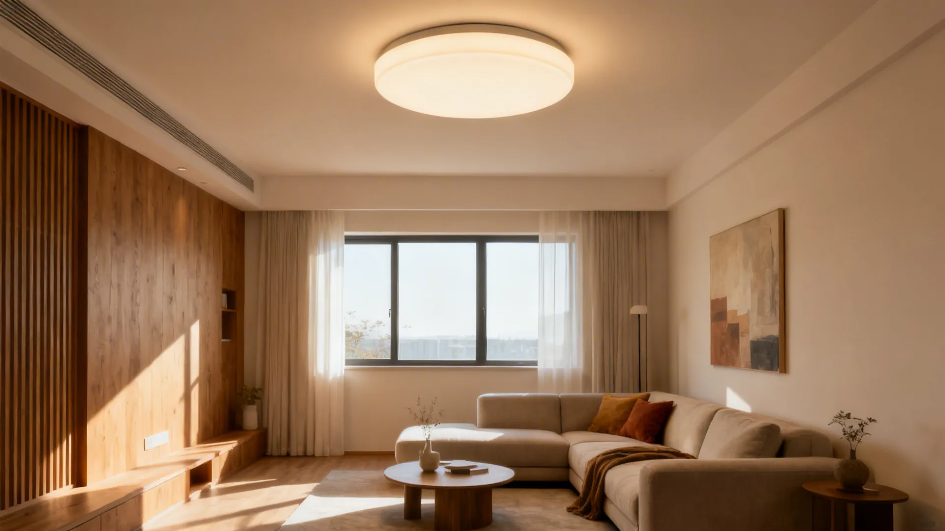 Semi-flush LED ceiling fixture in a low-ceiling living room with even ambient light.