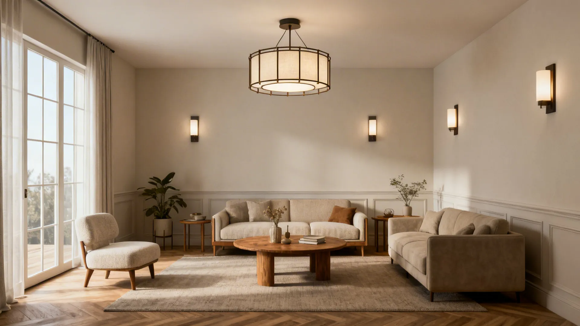 Living room with an open-frame semi-flush chandelier demonstrating subtle drama in a low-ceiling space
