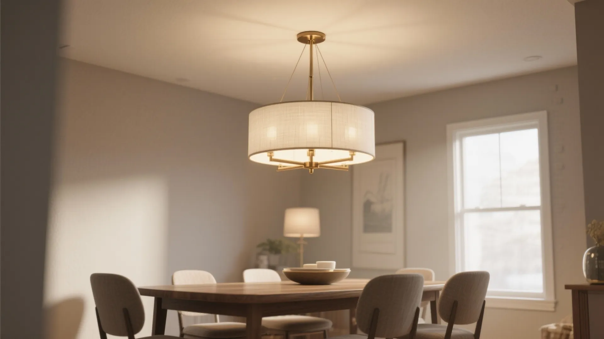 Semi-flush chandelier with milk glass diffuser suits a low ceiling dining room.