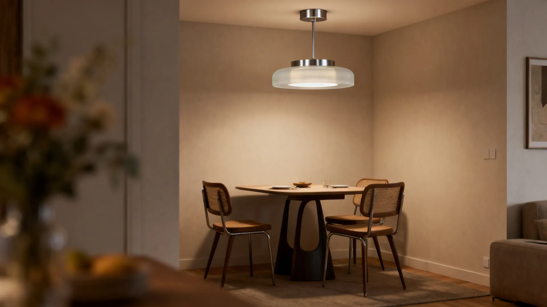 Low-profile semi-flush ceiling fixture above a small dining corner, warm lighting.