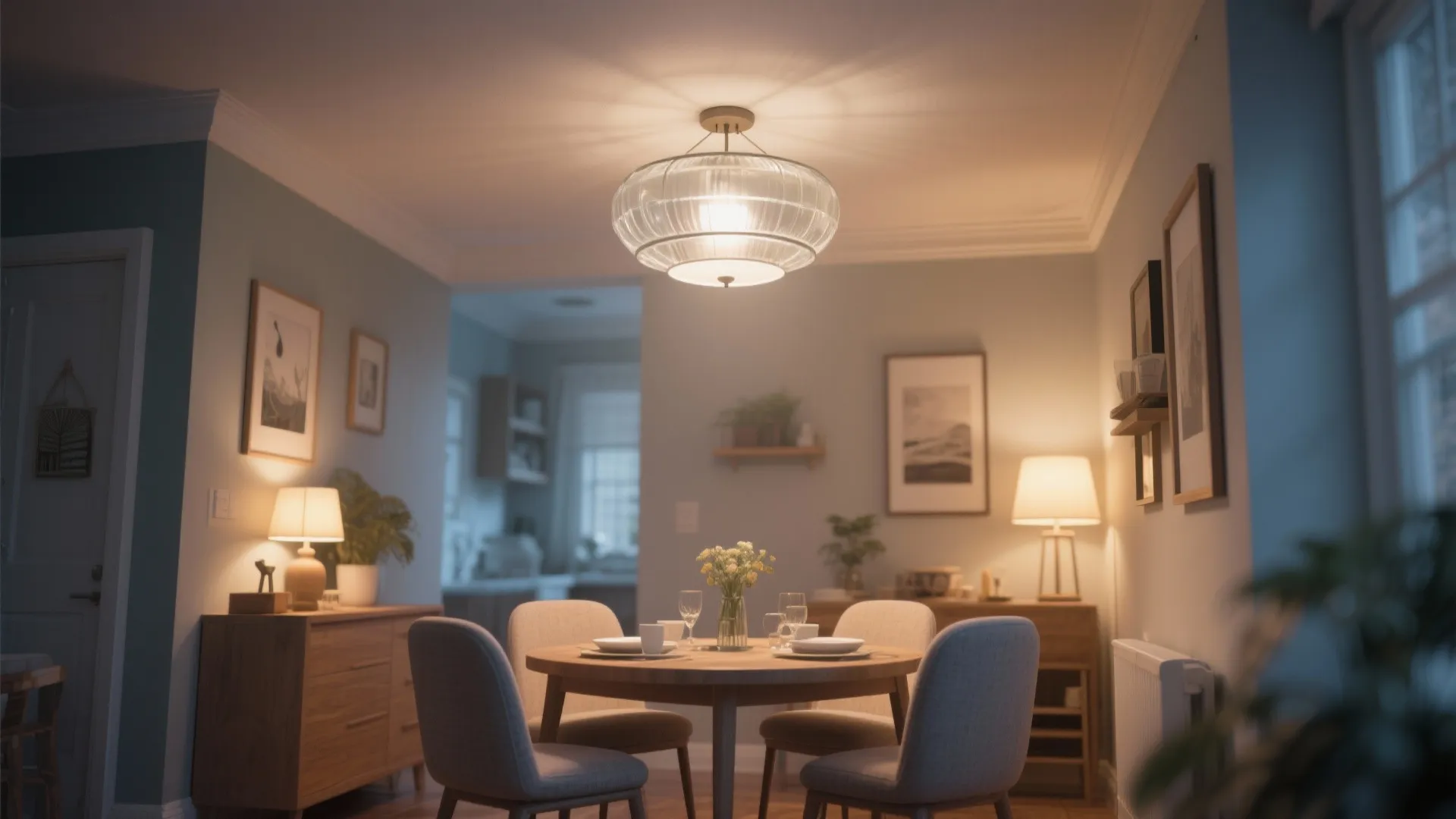 Cozy dining room with a frosted glass semi-flush mount on a low ceiling.