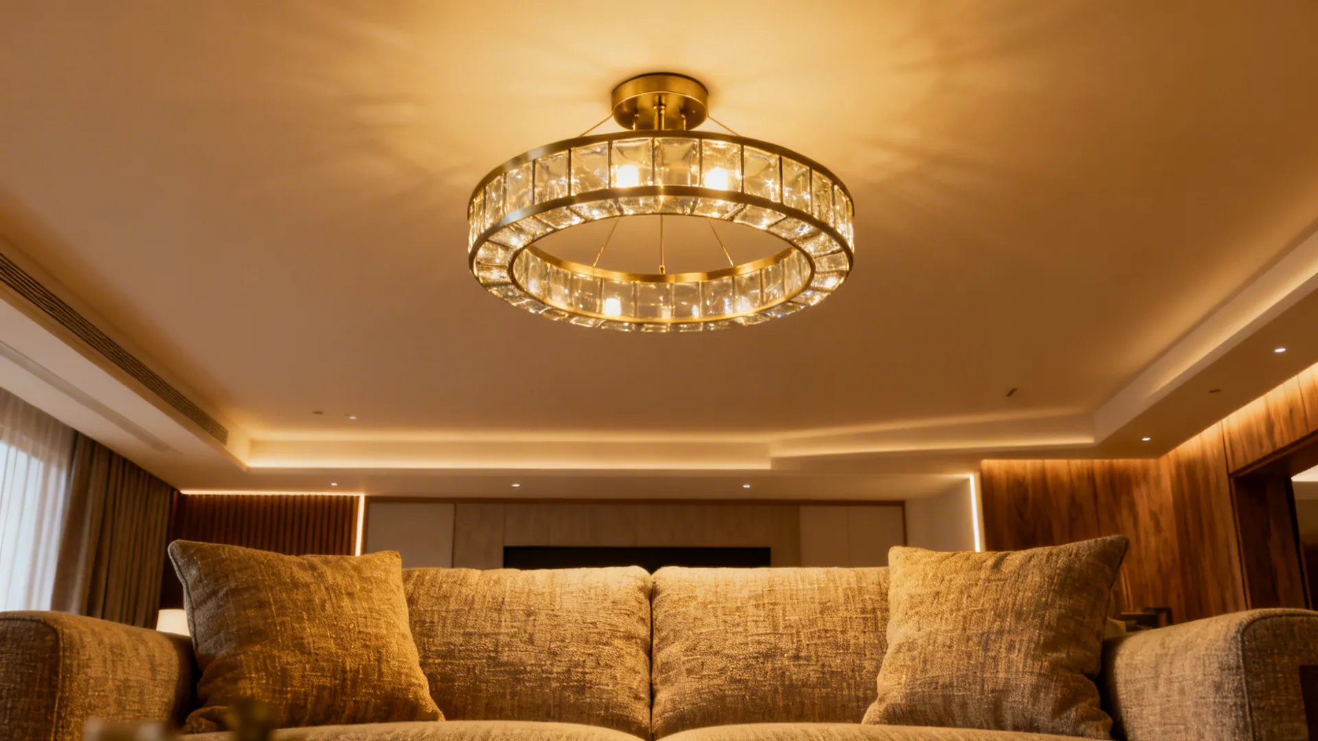 Low-ceiling living room with a semi-flush metal-and-glass fixture keeping sightlines open.