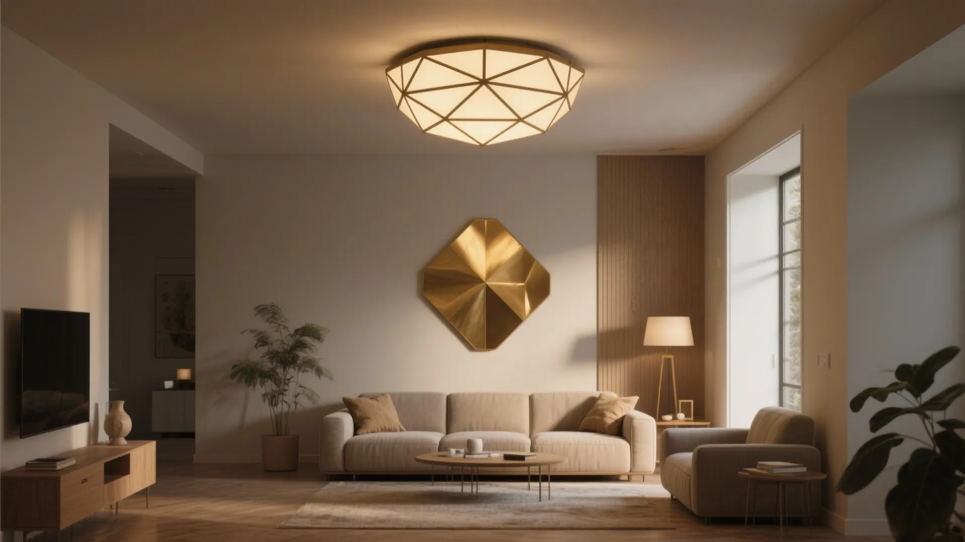 Living room with geometric ceiling light beige sofa gold wall art indoor plants and floor lamp
