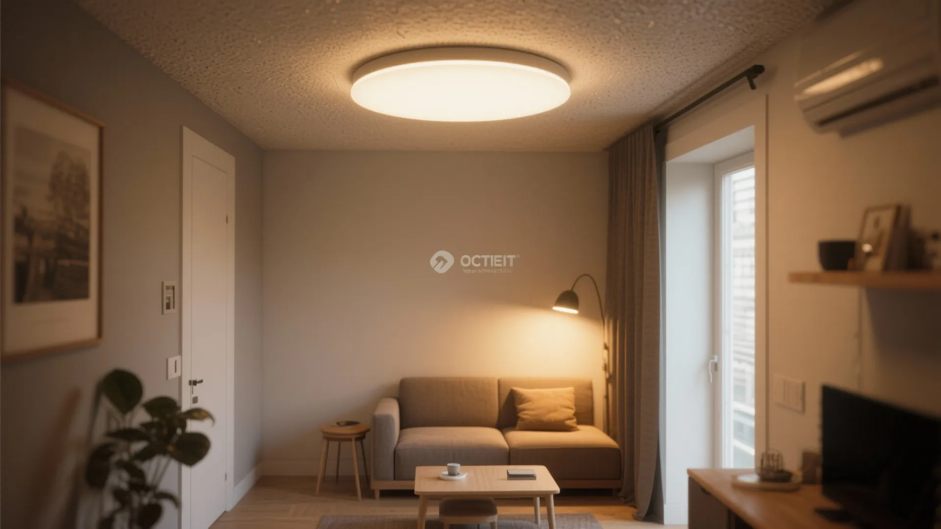 Modern living room featuring a round ceiling light above a grey sofa and wooden table